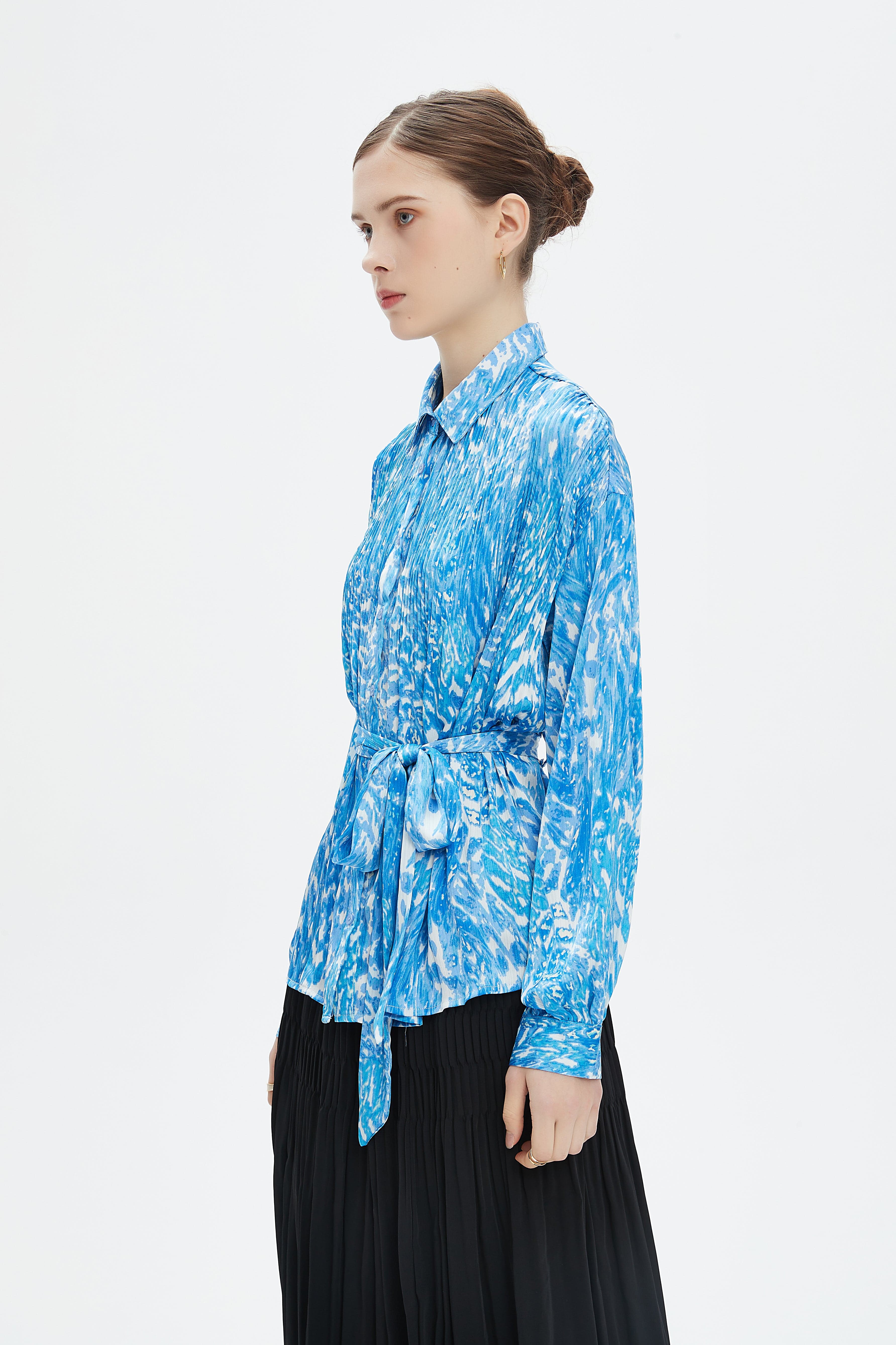 نتشي قميص بأكمام طويلة بكسرات منقوش بأزرار أمامية نسائي