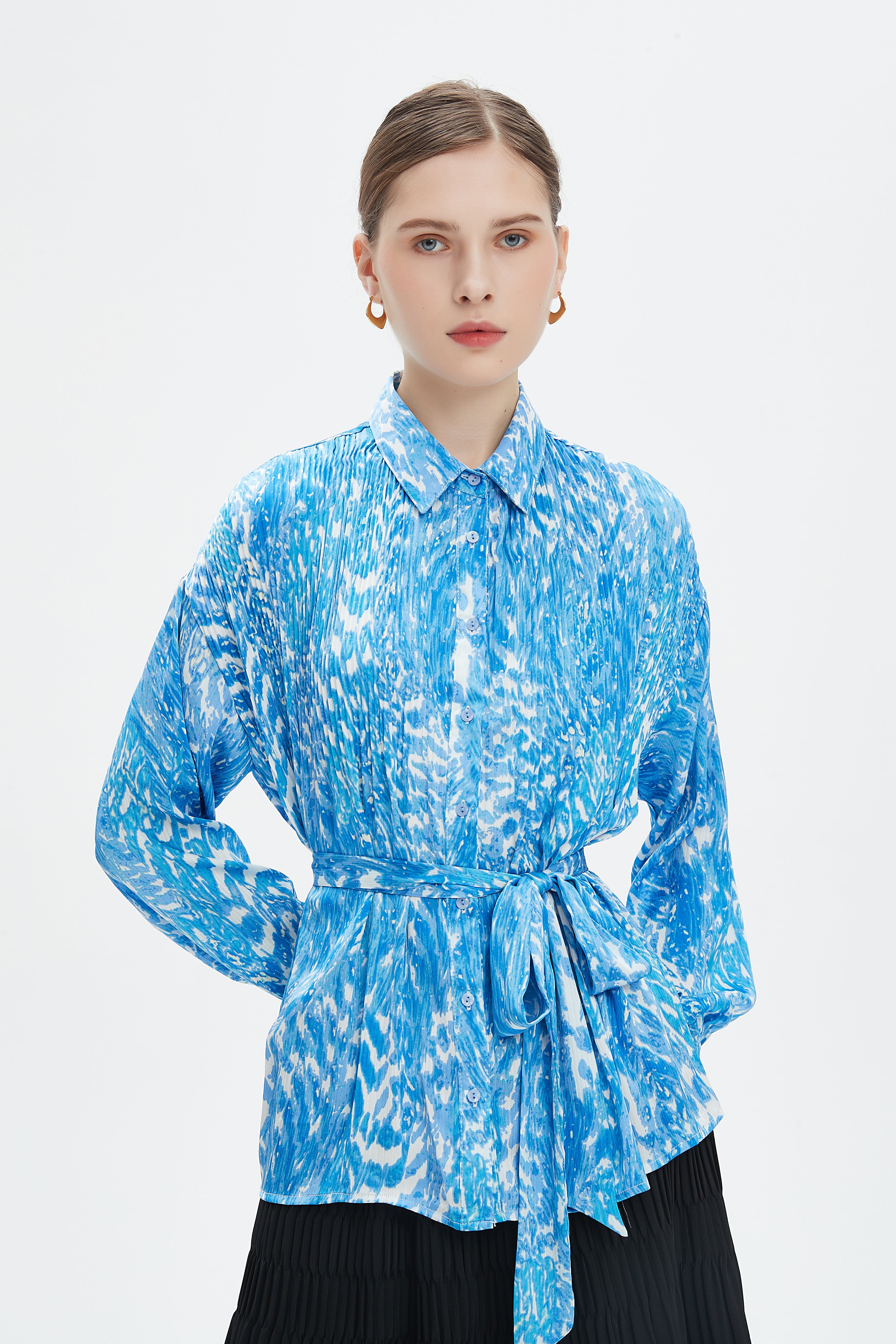 نتشي قميص بأكمام طويلة بكسرات منقوش بأزرار أمامية نسائي