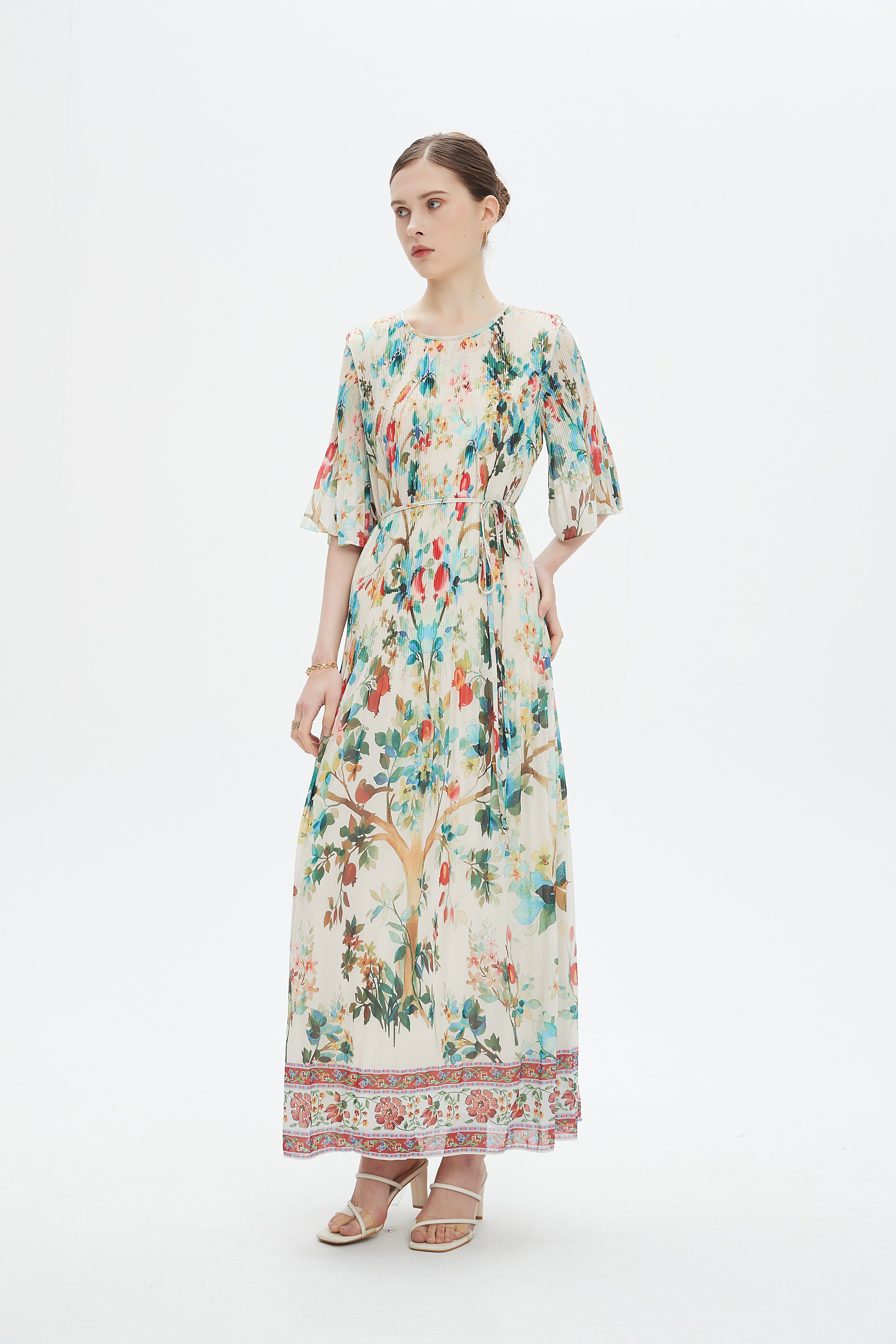 نتشي فستان مخصر منقوش نص كم واسع فراشة