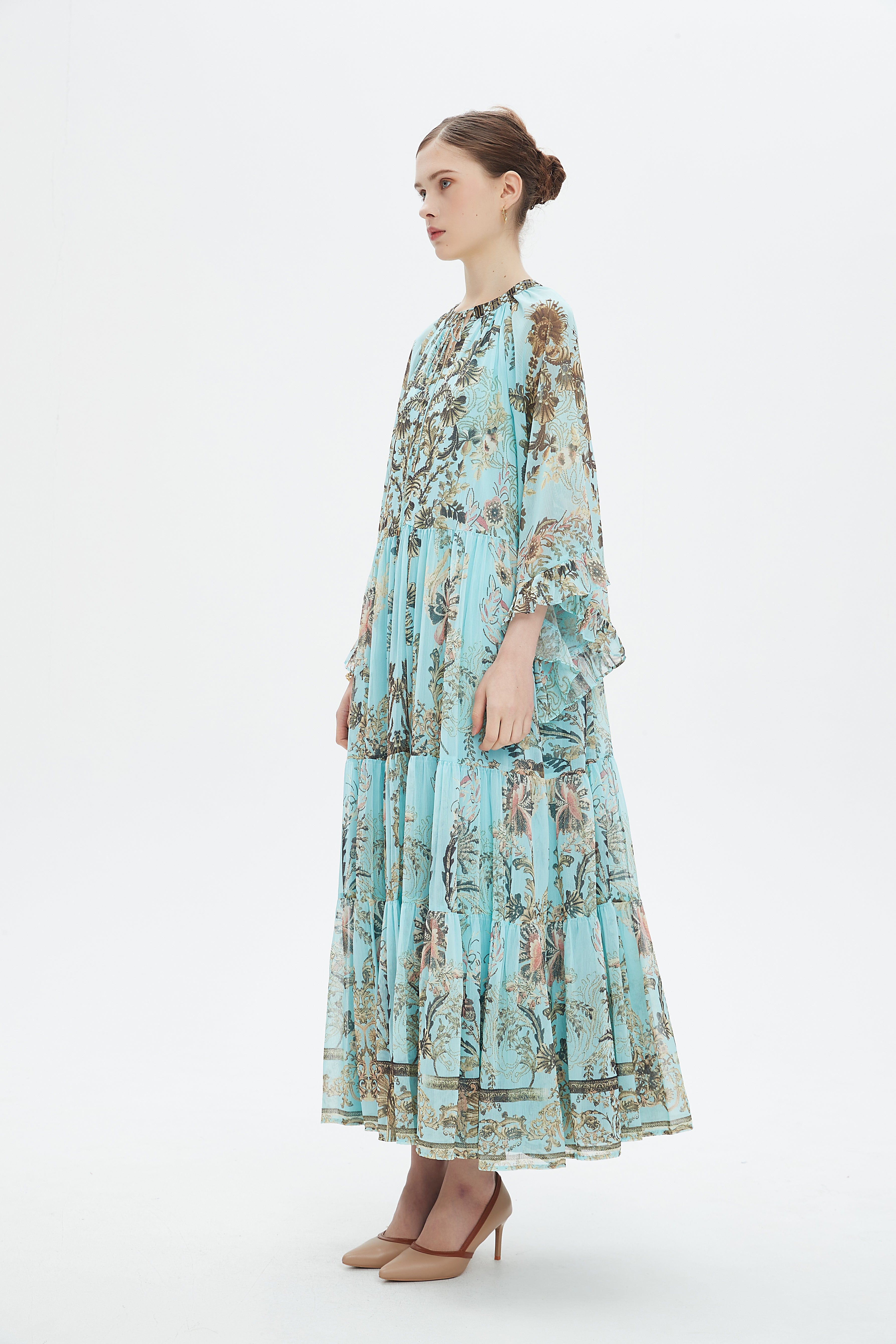 نتشي فستان طويل شيفون منقوش كم طويل نسائي