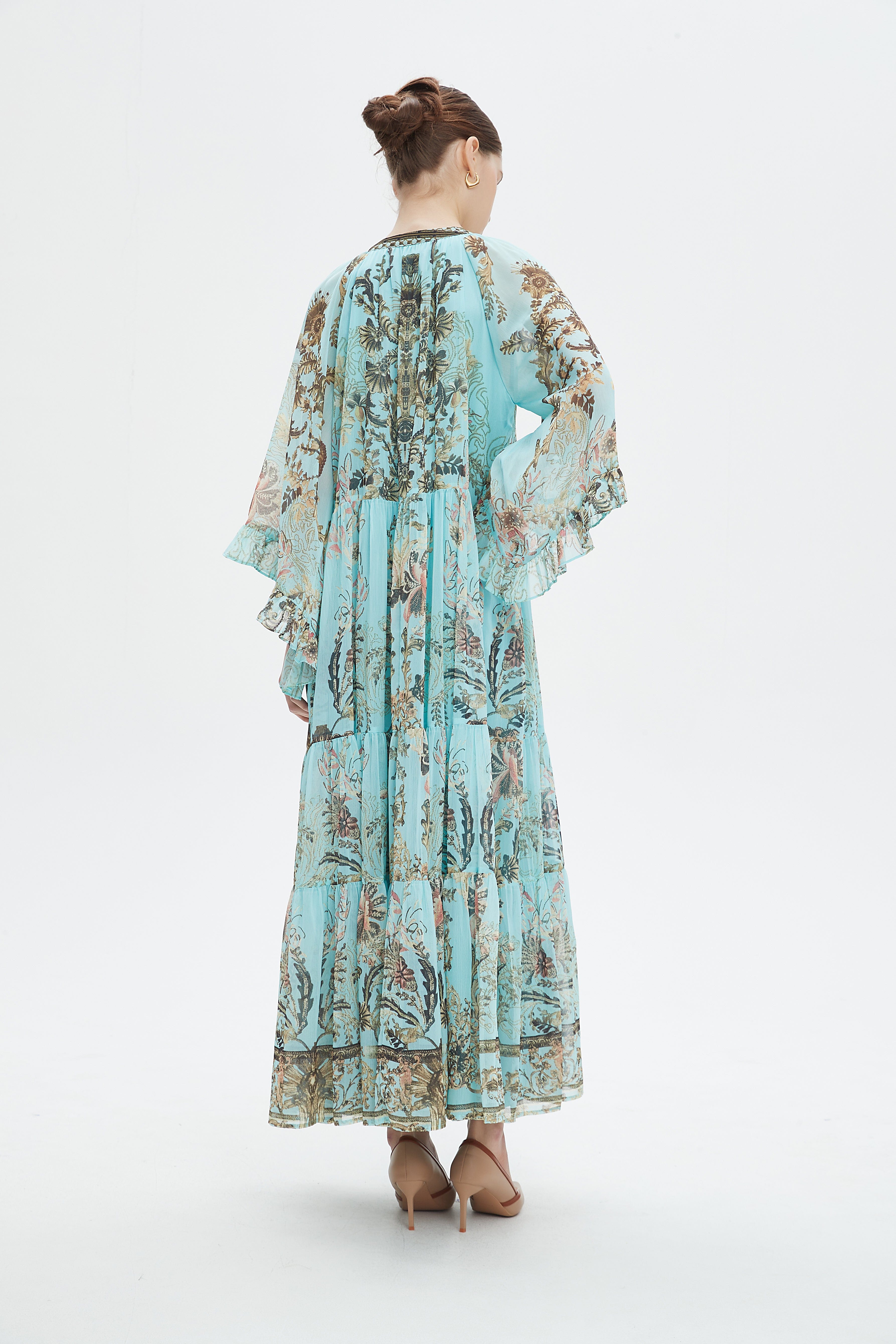 نتشي فستان طويل شيفون منقوش كم طويل نسائي