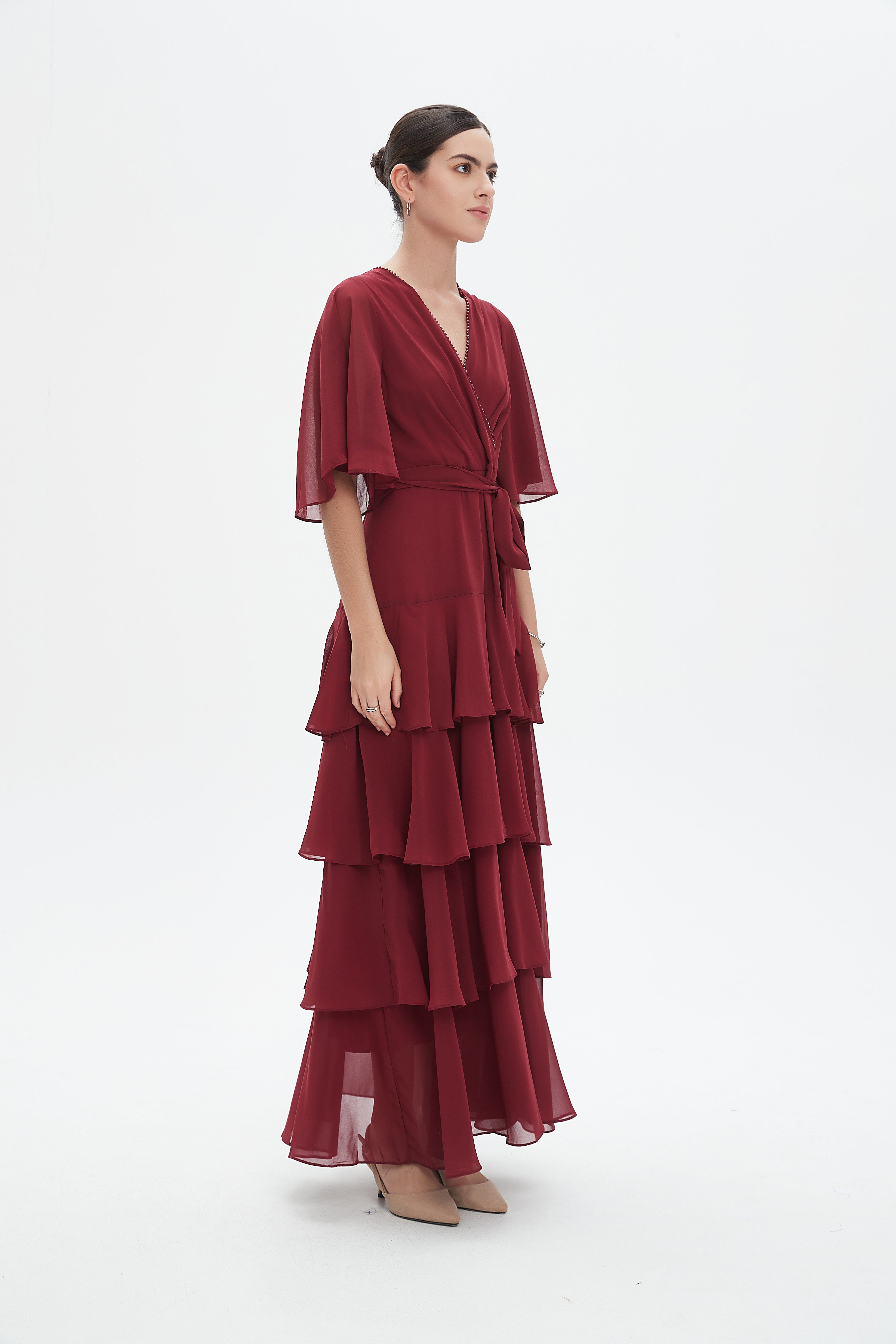 نتشي فستان ماكسي بأكمام فراشة سادة بكسرات نسائي