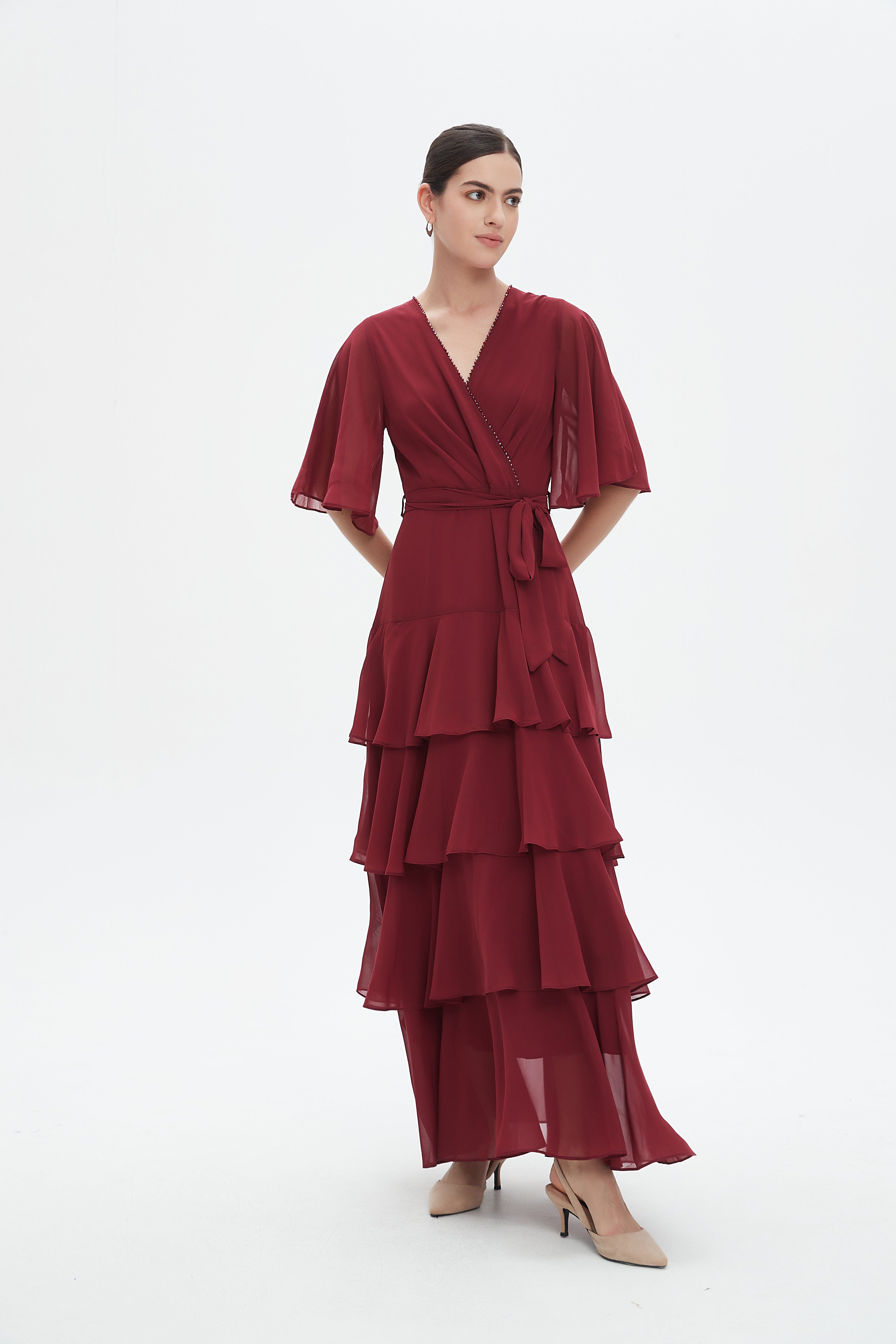 نتشي فستان ماكسي بأكمام فراشة سادة بكسرات نسائي