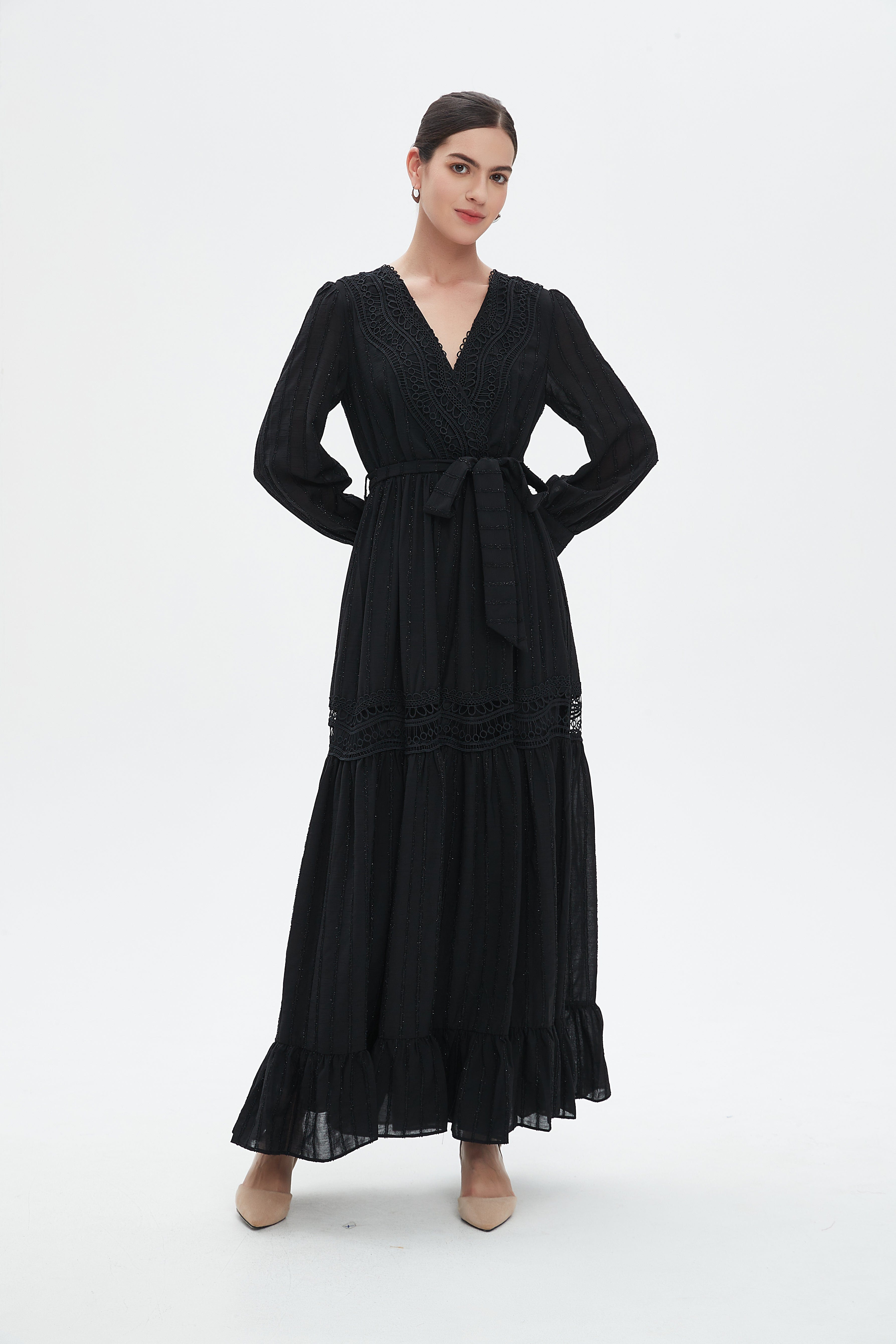 نتشي فستان ماكسي بأكمام طويلة برباط على الخصر نسائي