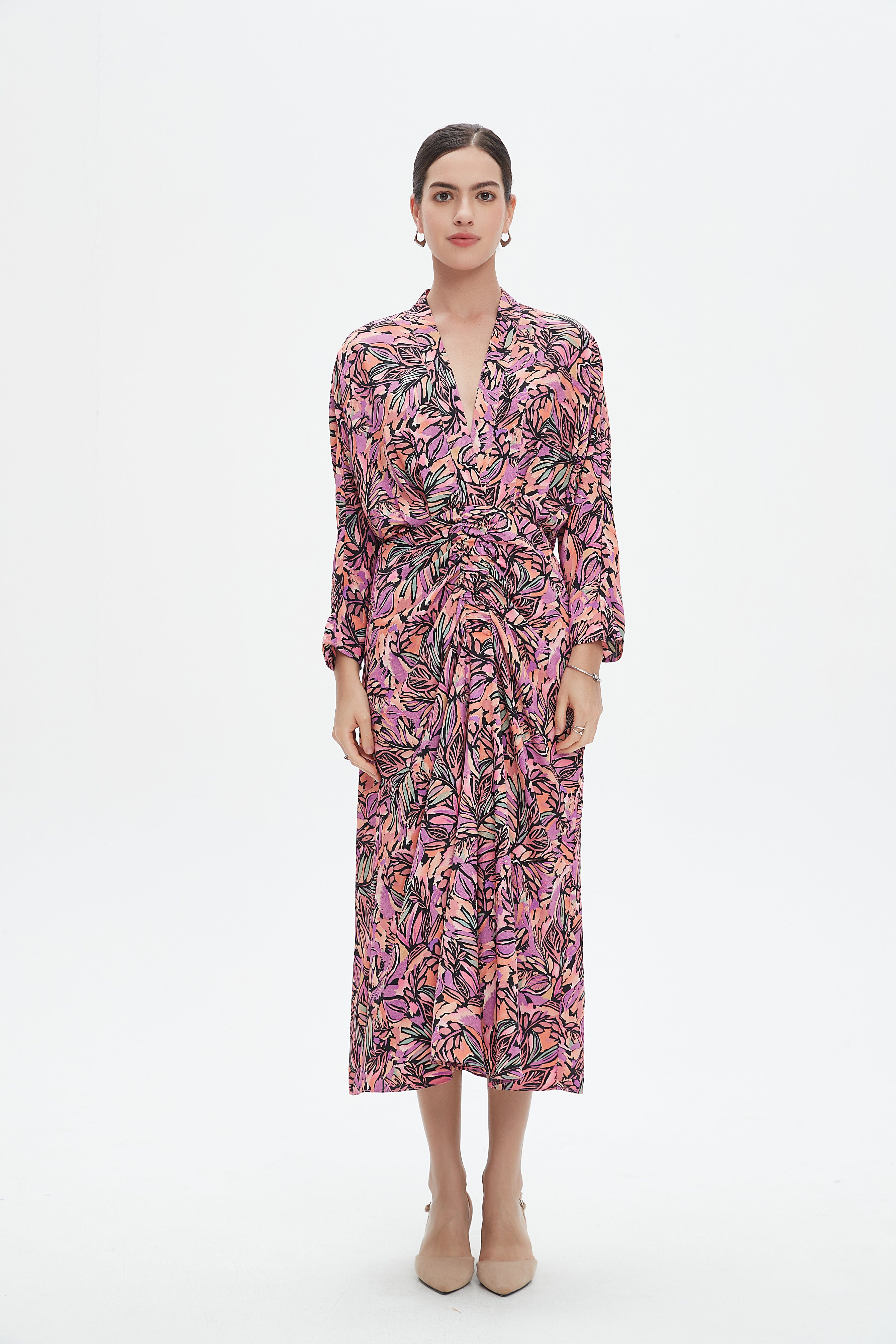 نتشي فستان ميدي بأكمام طويلة بفتحة سبعة مخصر نسائي