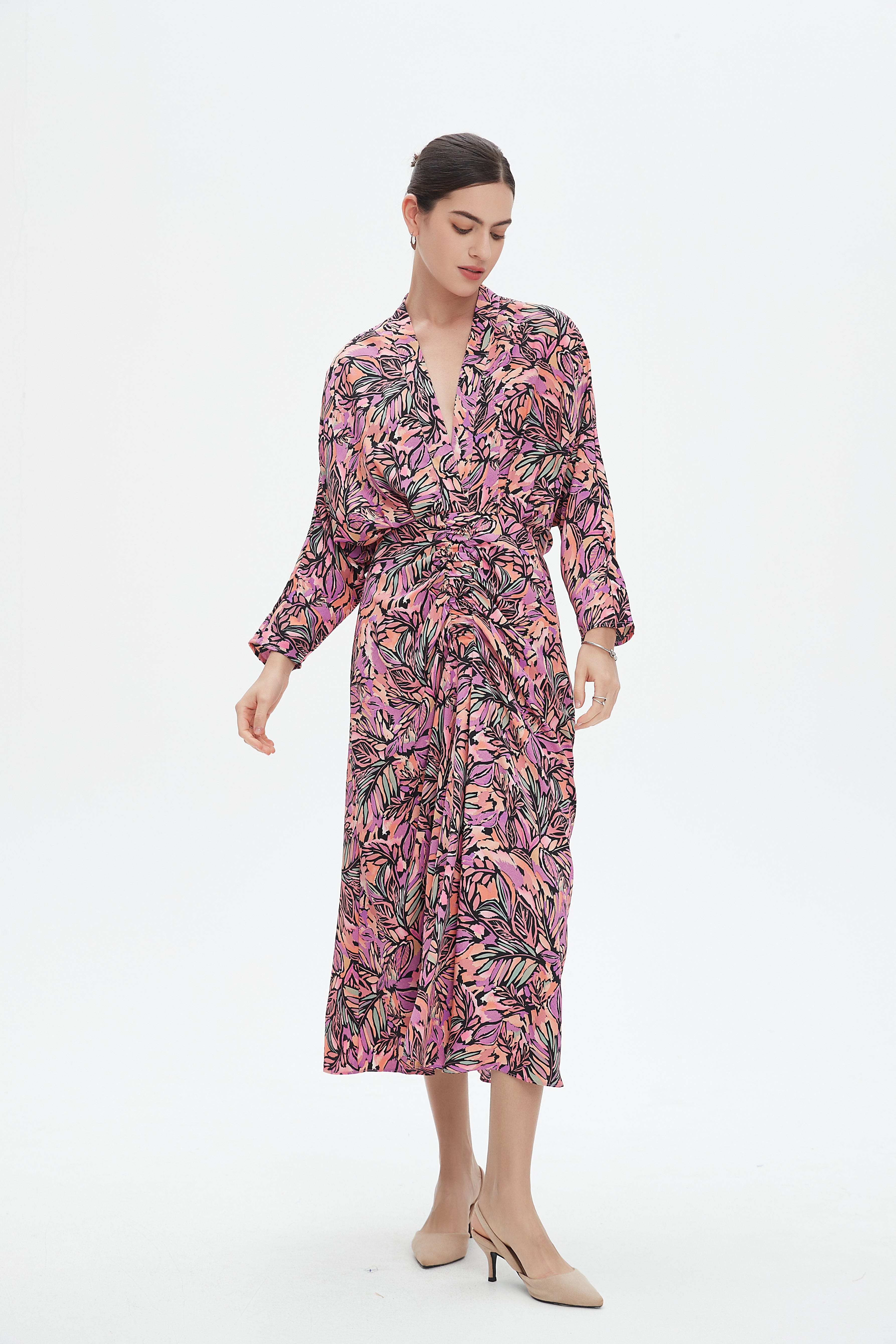 نتشي فستان ميدي بأكمام طويلة بفتحة سبعة مخصر نسائي