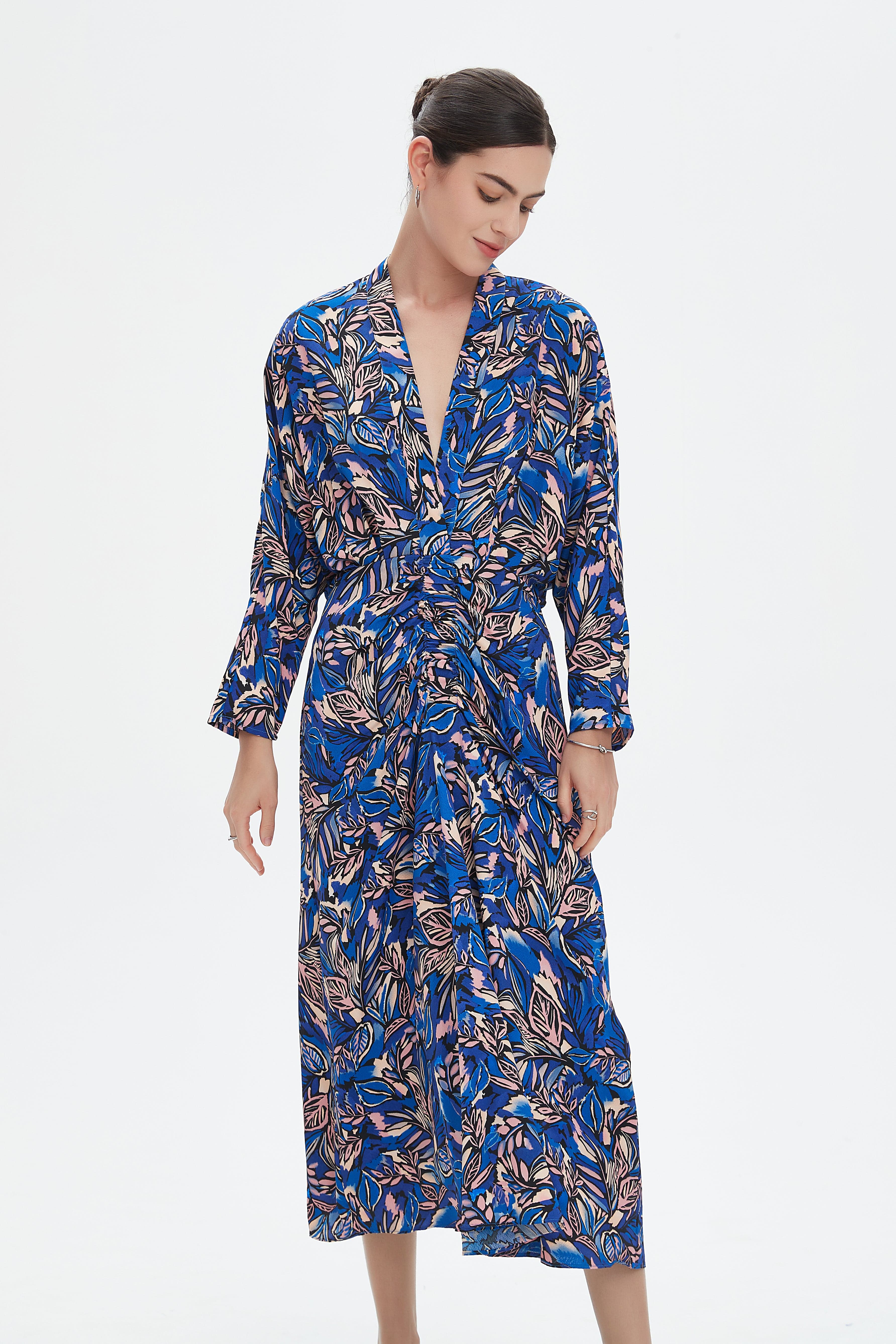 نتشي فستان ميدي بأكمام طويلة بفتحة سبعة مخصر نسائي