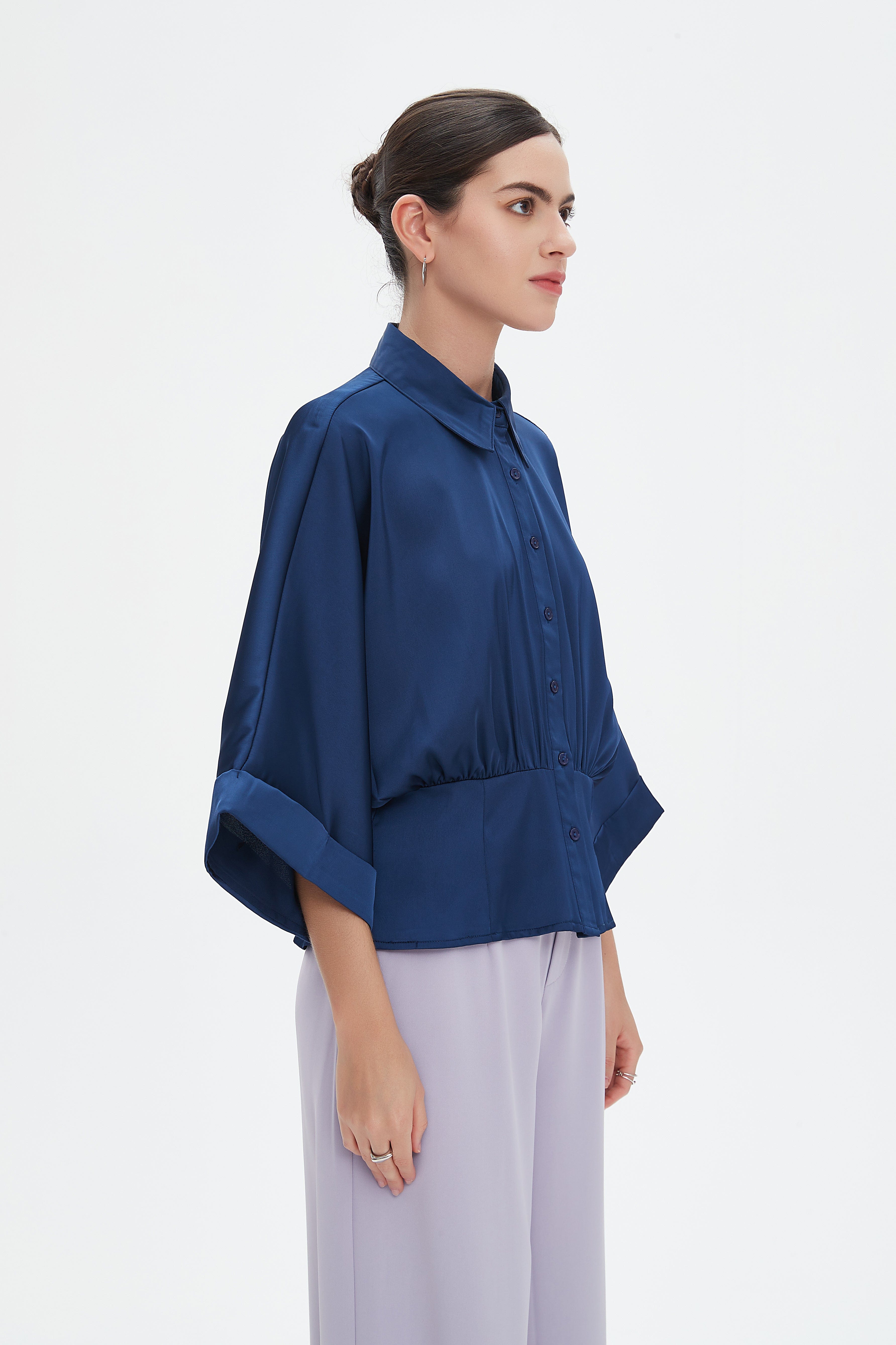 نتشي قميص بأكمام 3/4 سادة بأزرار أمامية نسائي