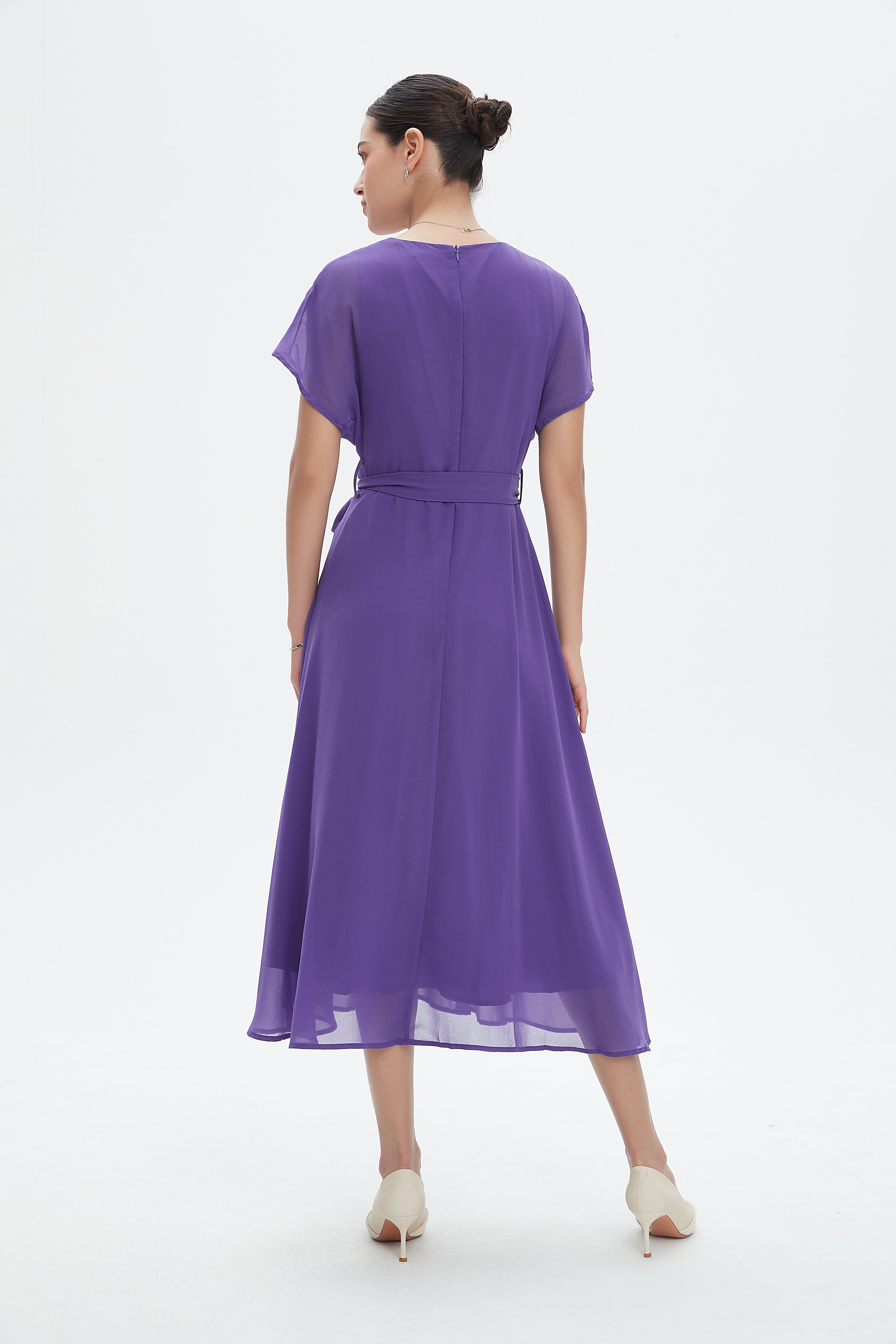 نتشي فستان ميدي سادة مخصر كم قصير مفتوح نسائي