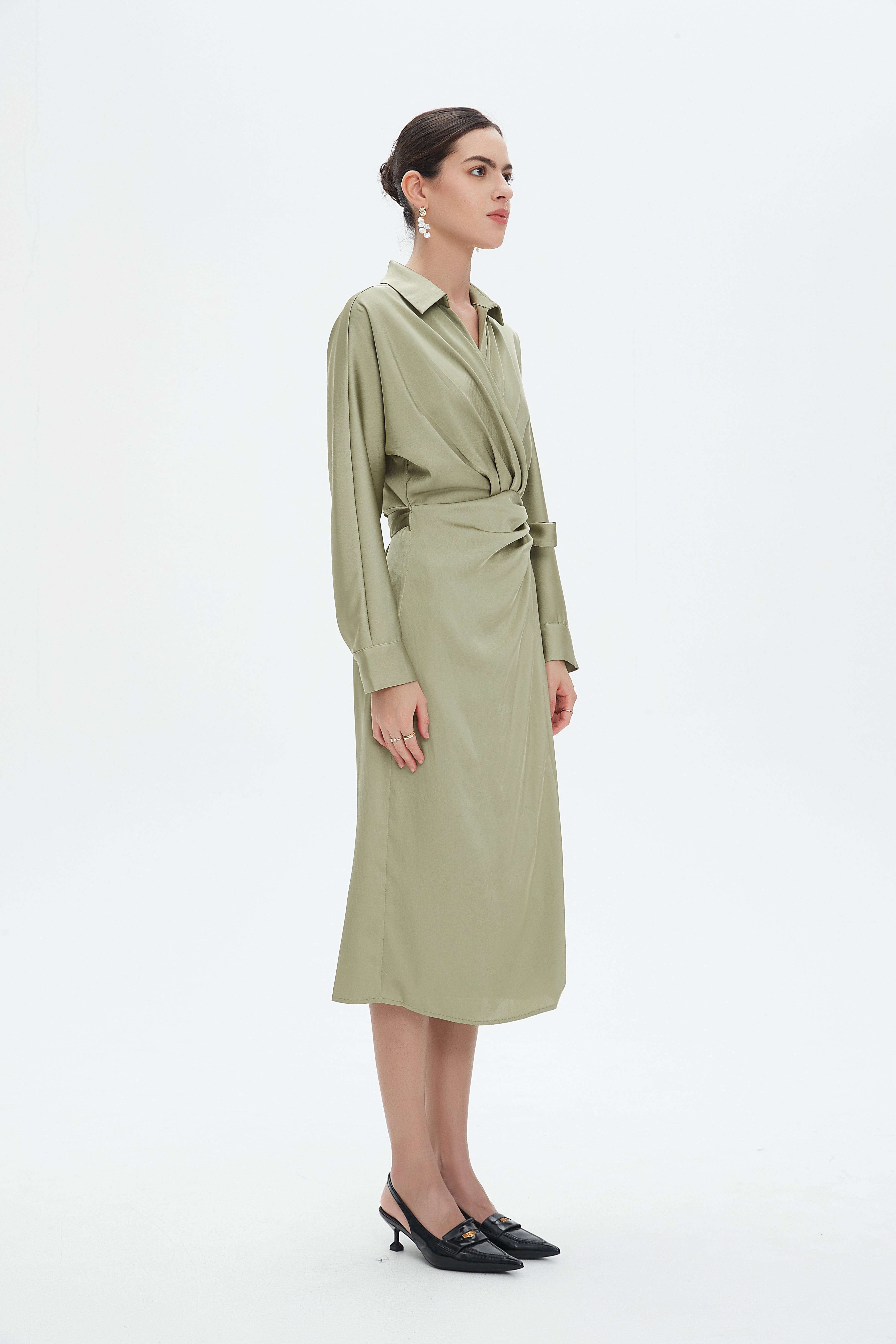 نتشي فستان ميدي بأكمام طويلة ملفوف نسائي