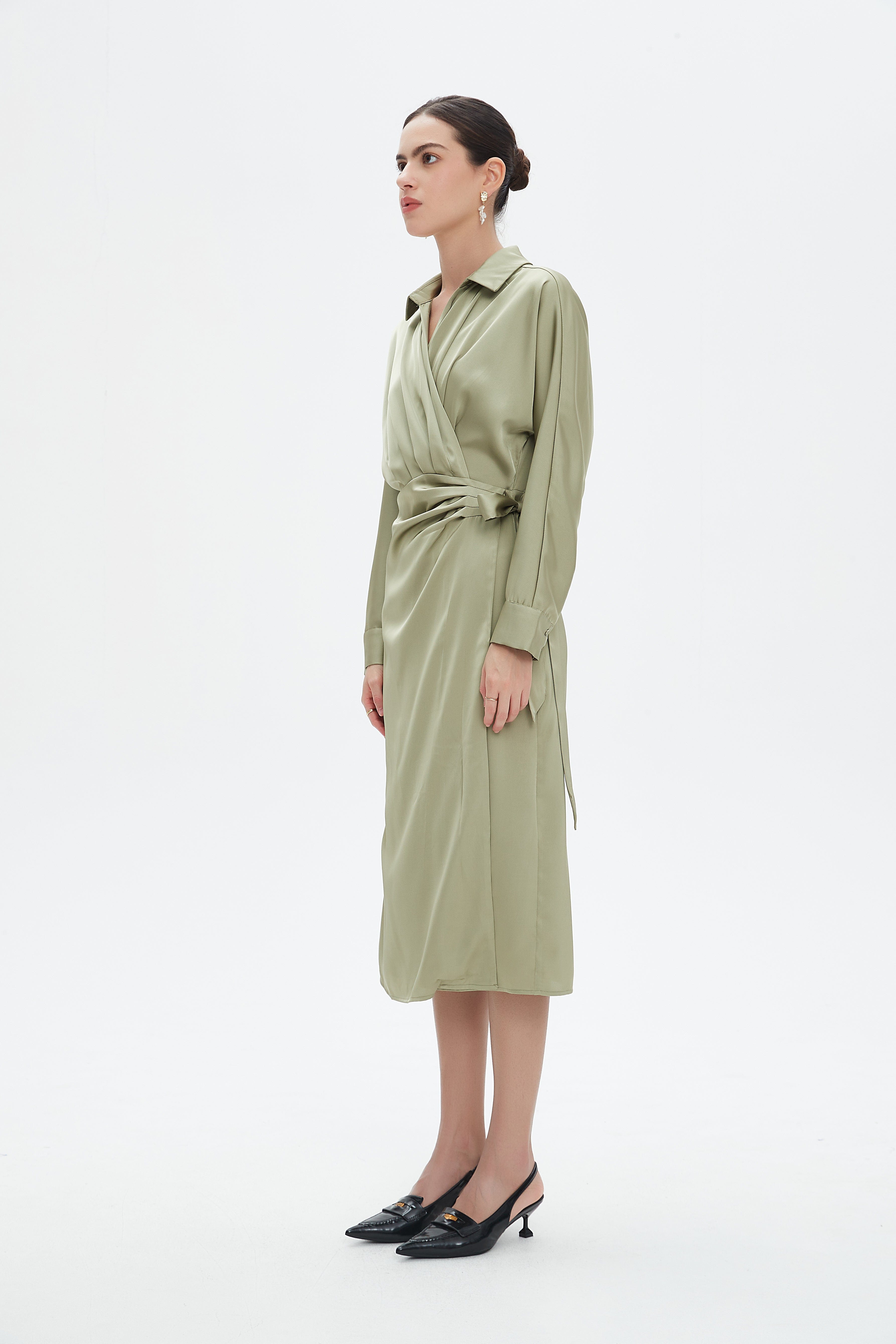 نتشي فستان ميدي بأكمام طويلة ملفوف نسائي