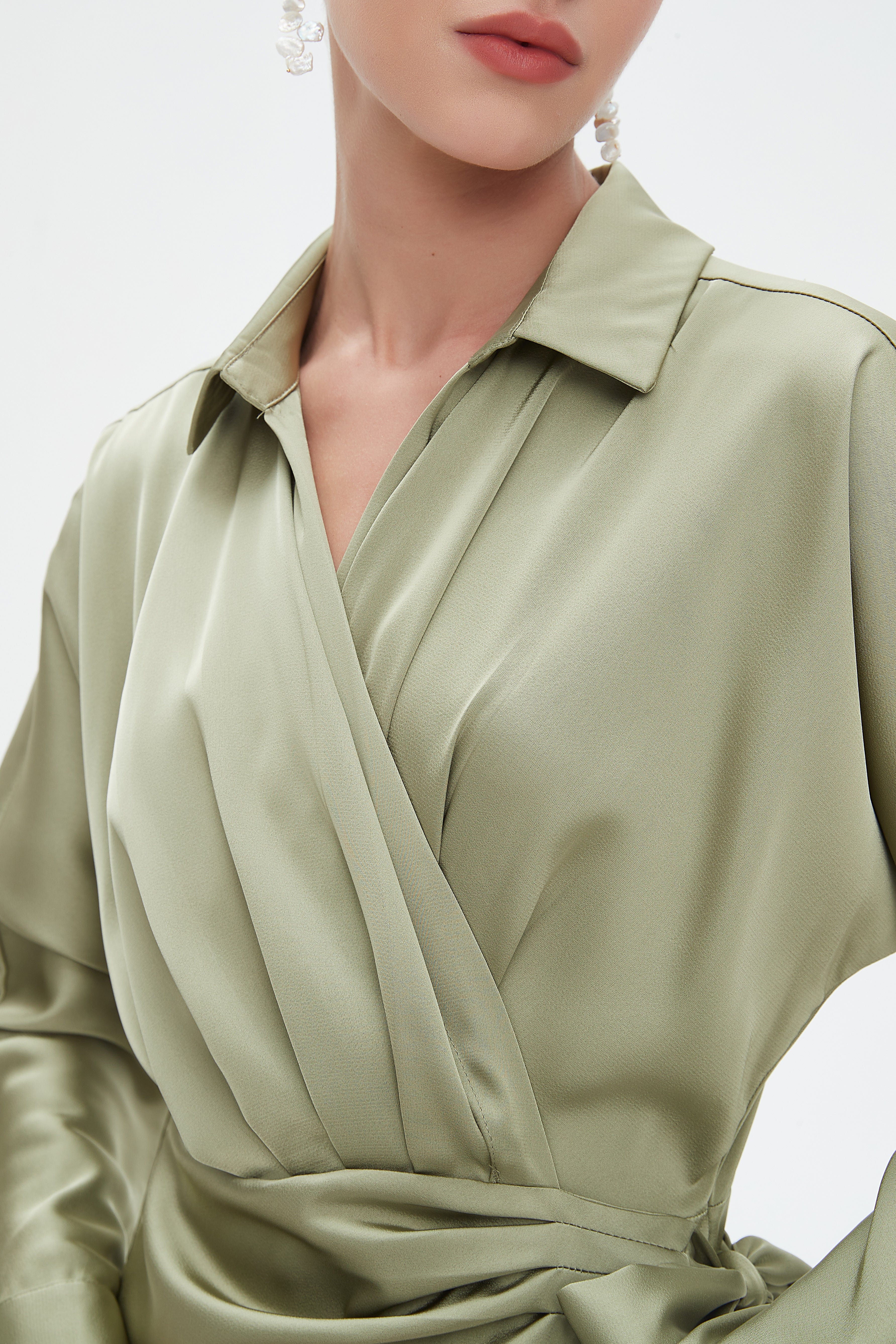 نتشي فستان ميدي بأكمام طويلة ملفوف نسائي