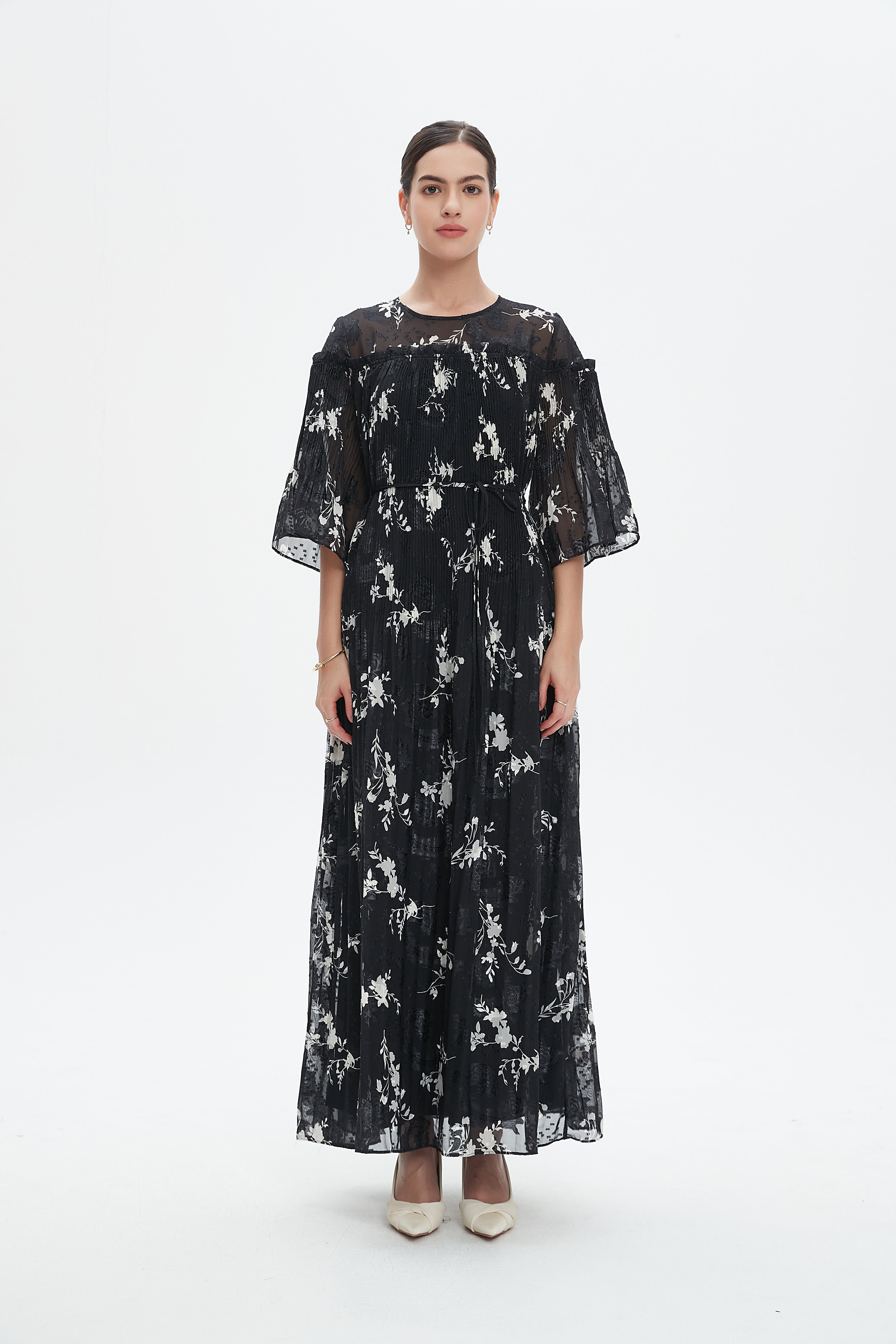 نتشي فستان مشجر مخصر 3/4 كم فراشة نسائي