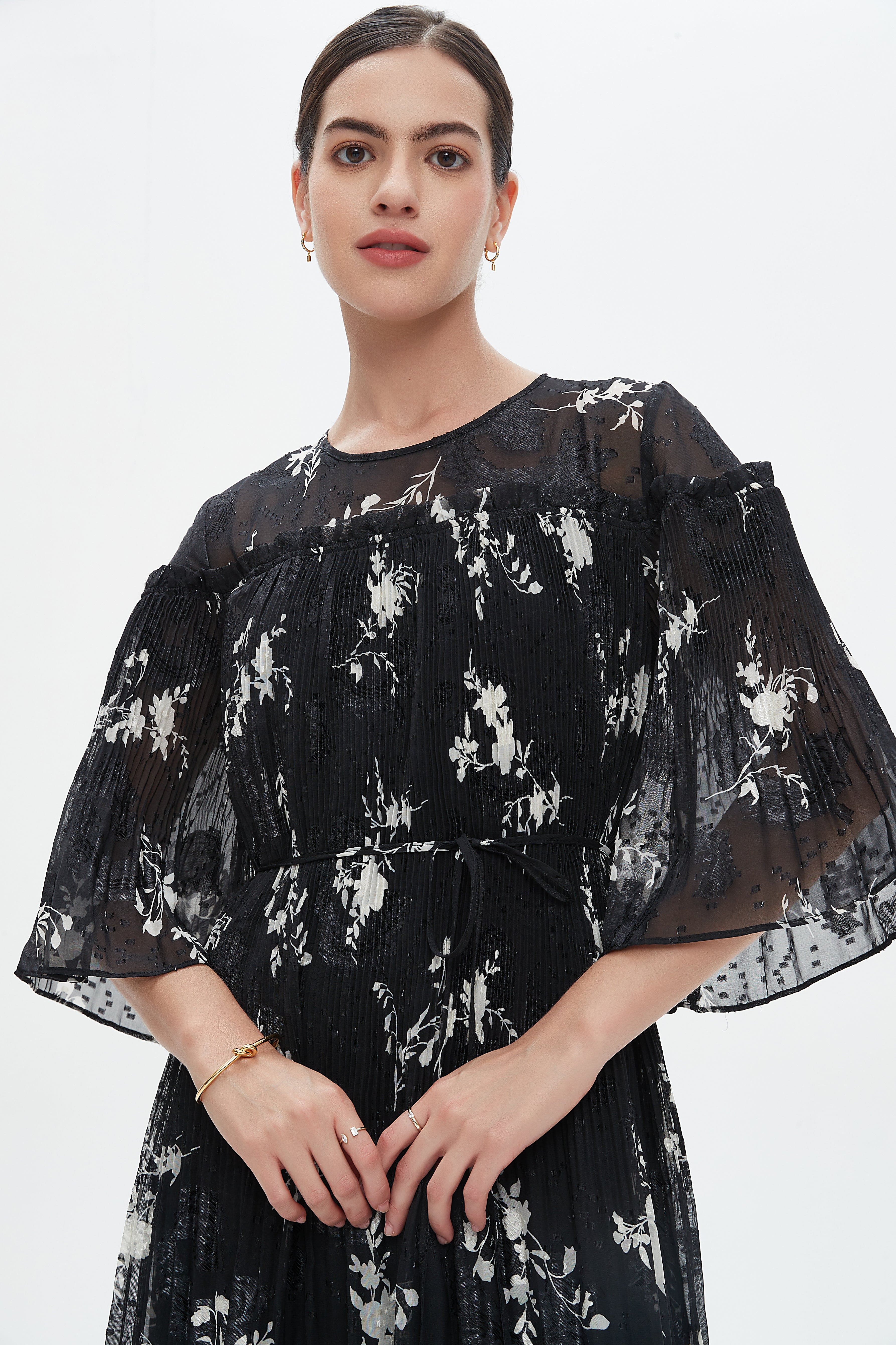 نتشي فستان مشجر مخصر 3/4 كم فراشة نسائي