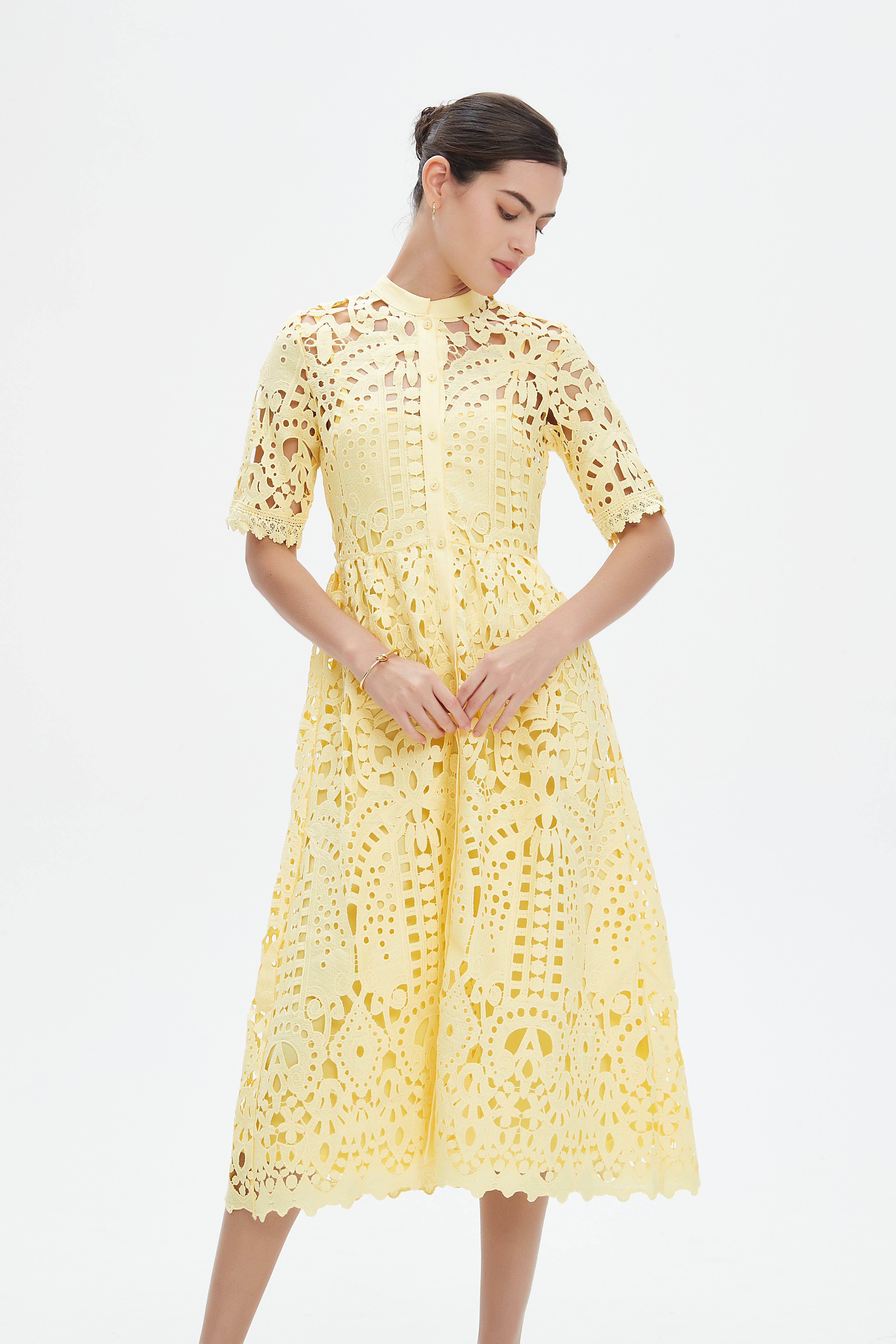 نتشي فستان ميدي  دانتيل نسائي بأكمام قصيرة مخرمة