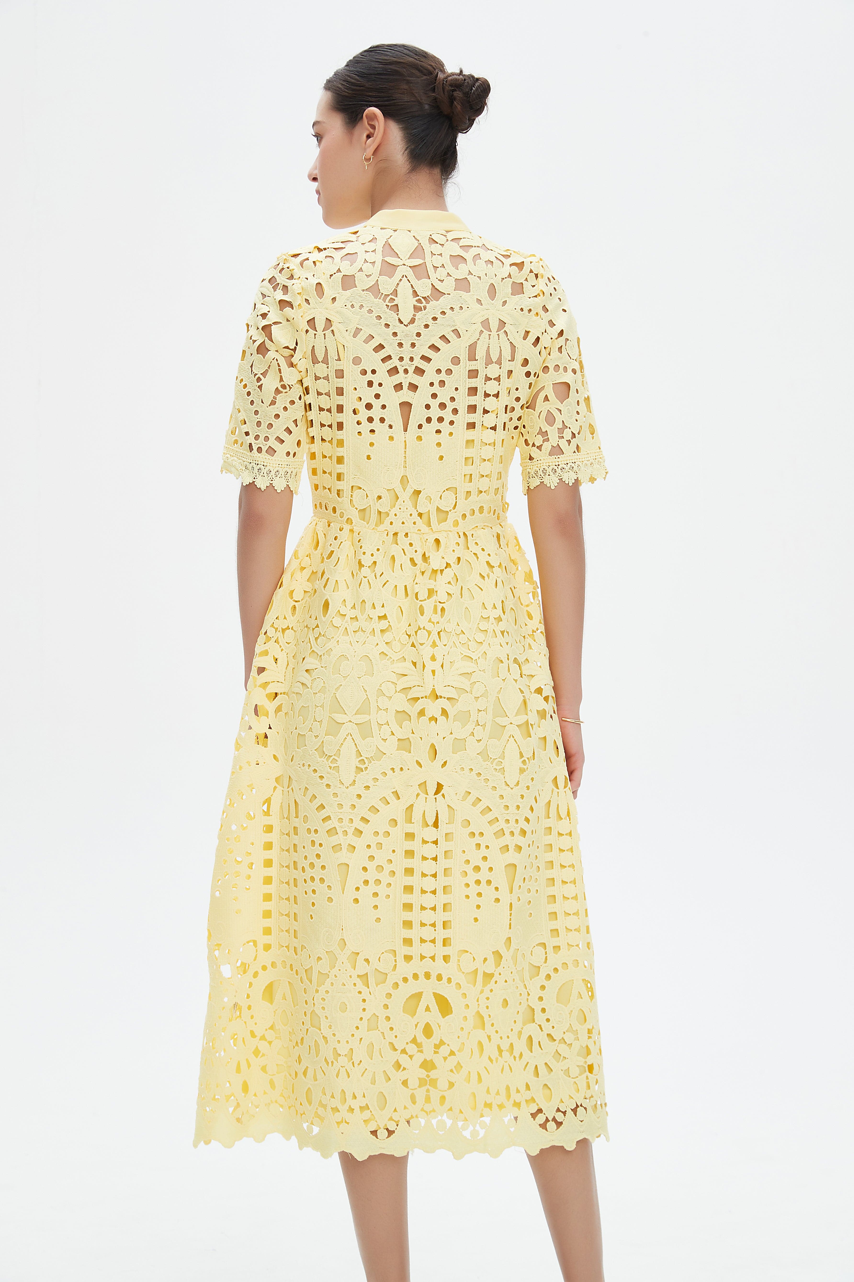 نتشي فستان ميدي  دانتيل نسائي بأكمام قصيرة مخرمة