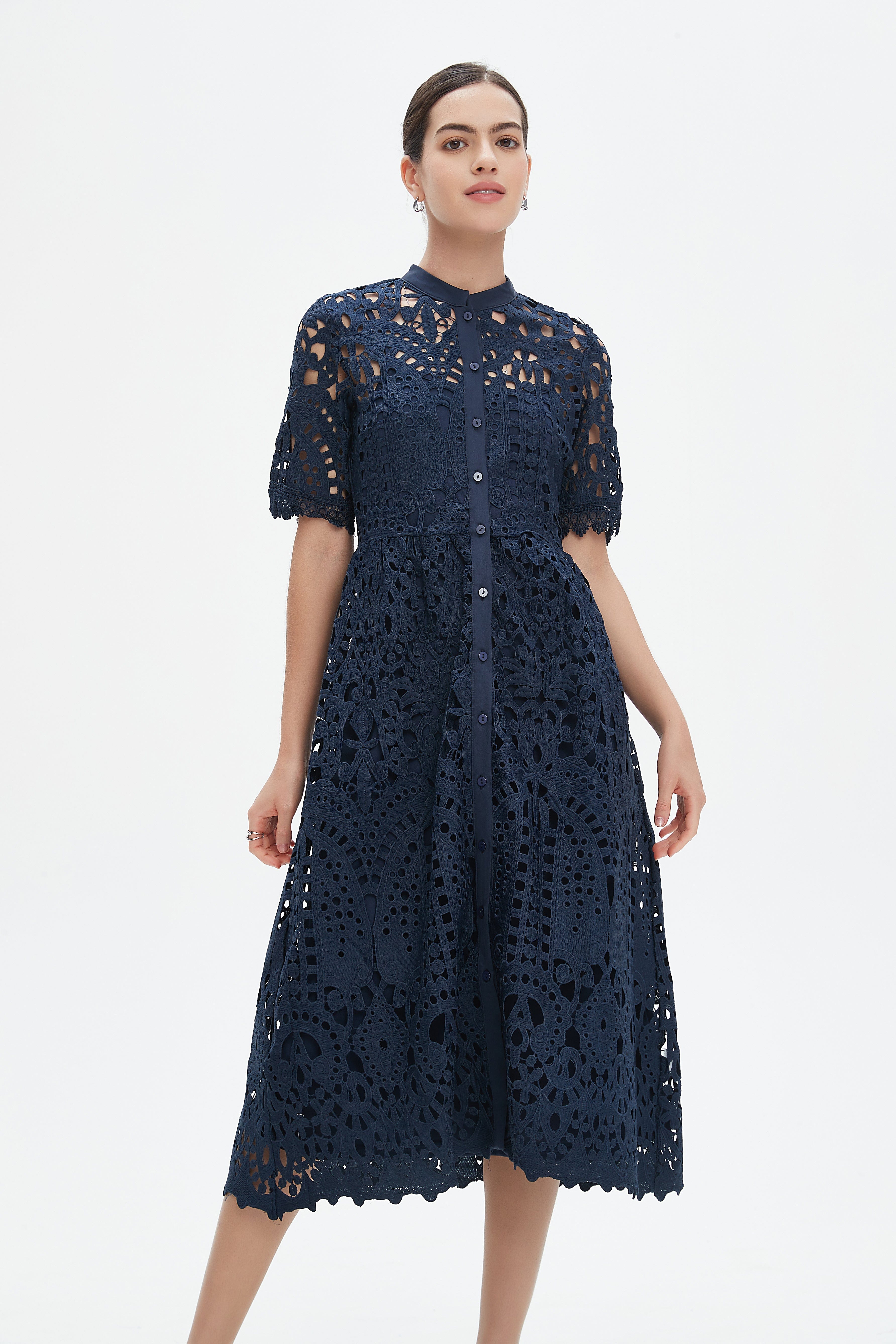 نتشي فستان ميدي  دانتيل نسائي بأكمام قصيرة مخرمة