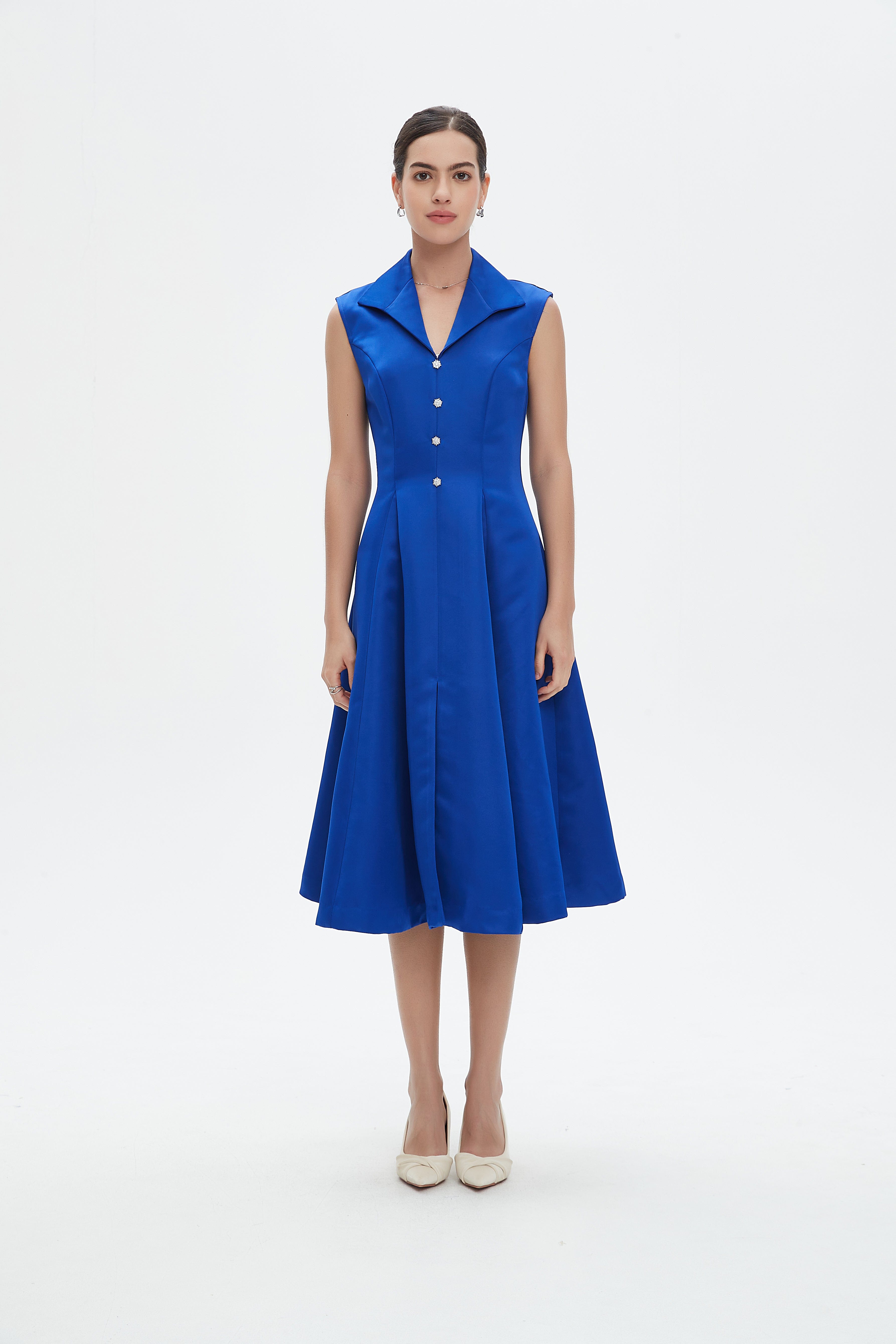 نتشي فستان ميدي بلا أكمام كت بأزرار أمامية نسائي