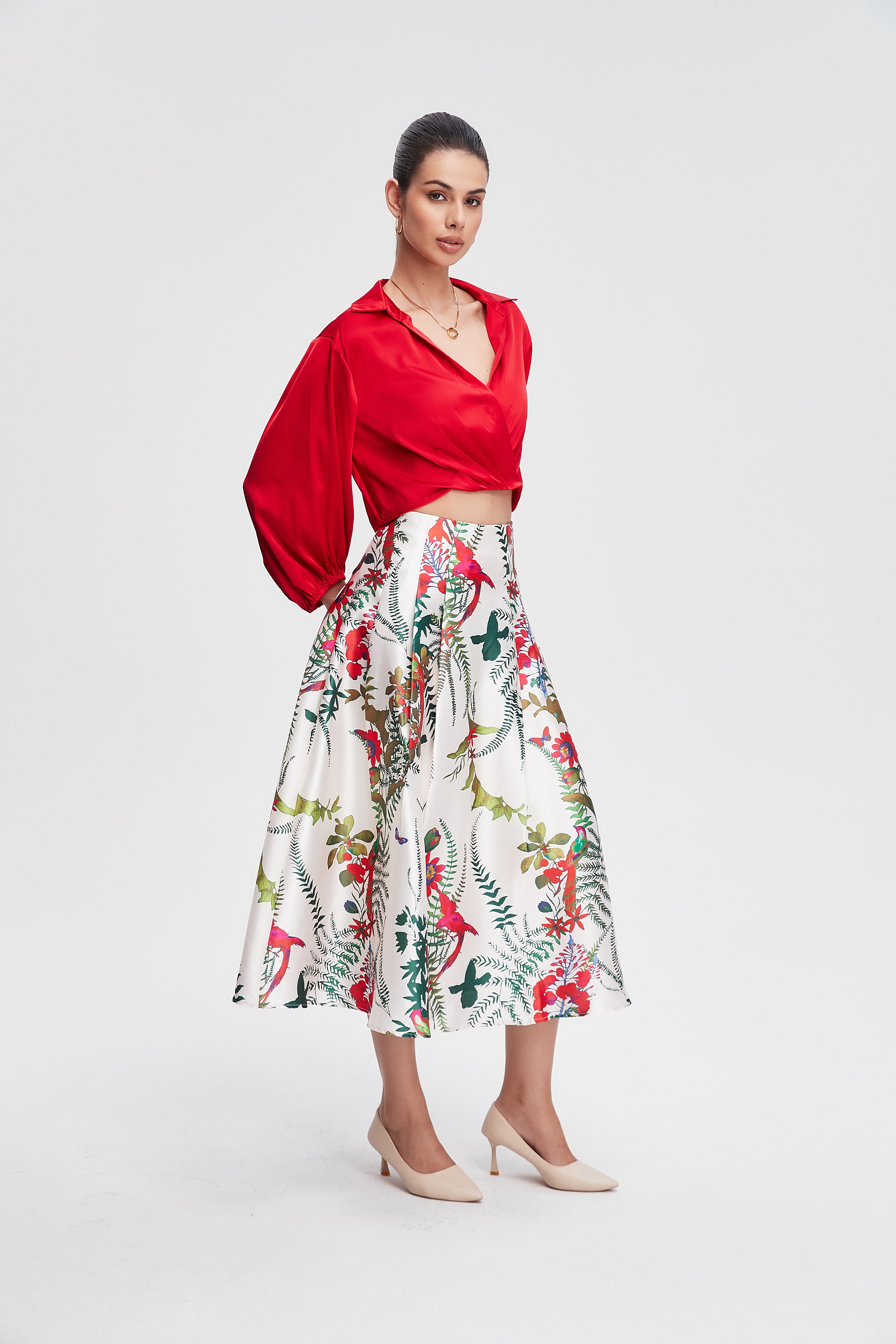 B4D Floral Printed Pleated Midi Skirt – Women’s Summer Swing Skirt With Elastic Waist