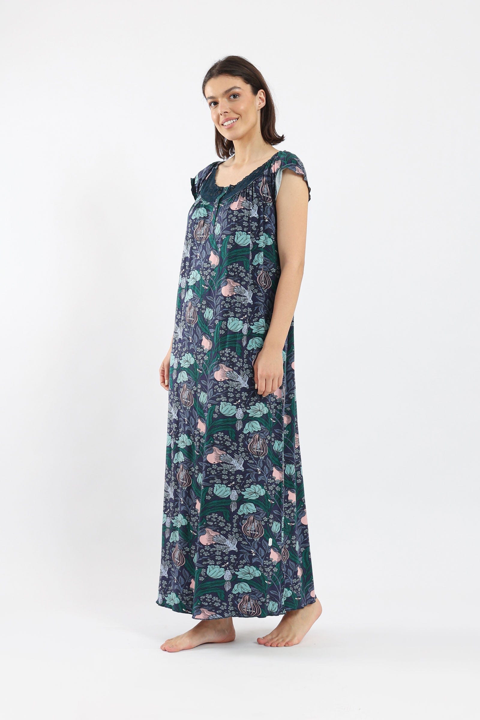 كارينا ثوب نوم مطبوع مزين بدانتيل أزرق غامق