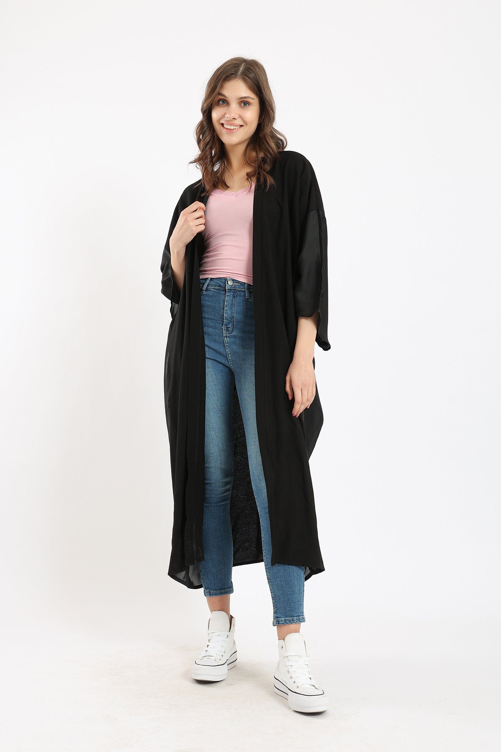 كارينا كيمونو سادة طويل واسع برباط بأكمام طويلة