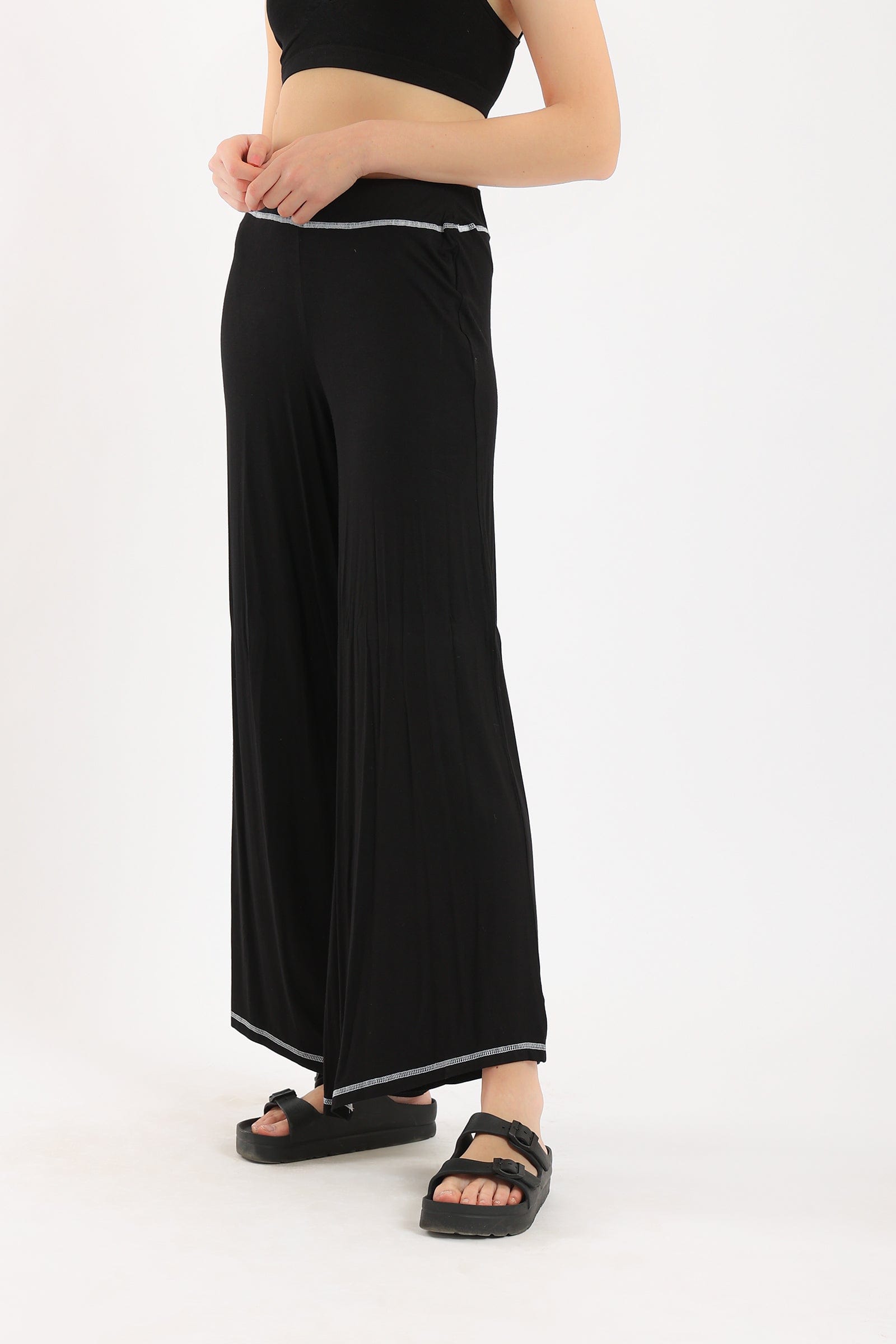 كارينا بنطلون بيجامة مطرز بالخيط خصر مرتفع واسع وطويل