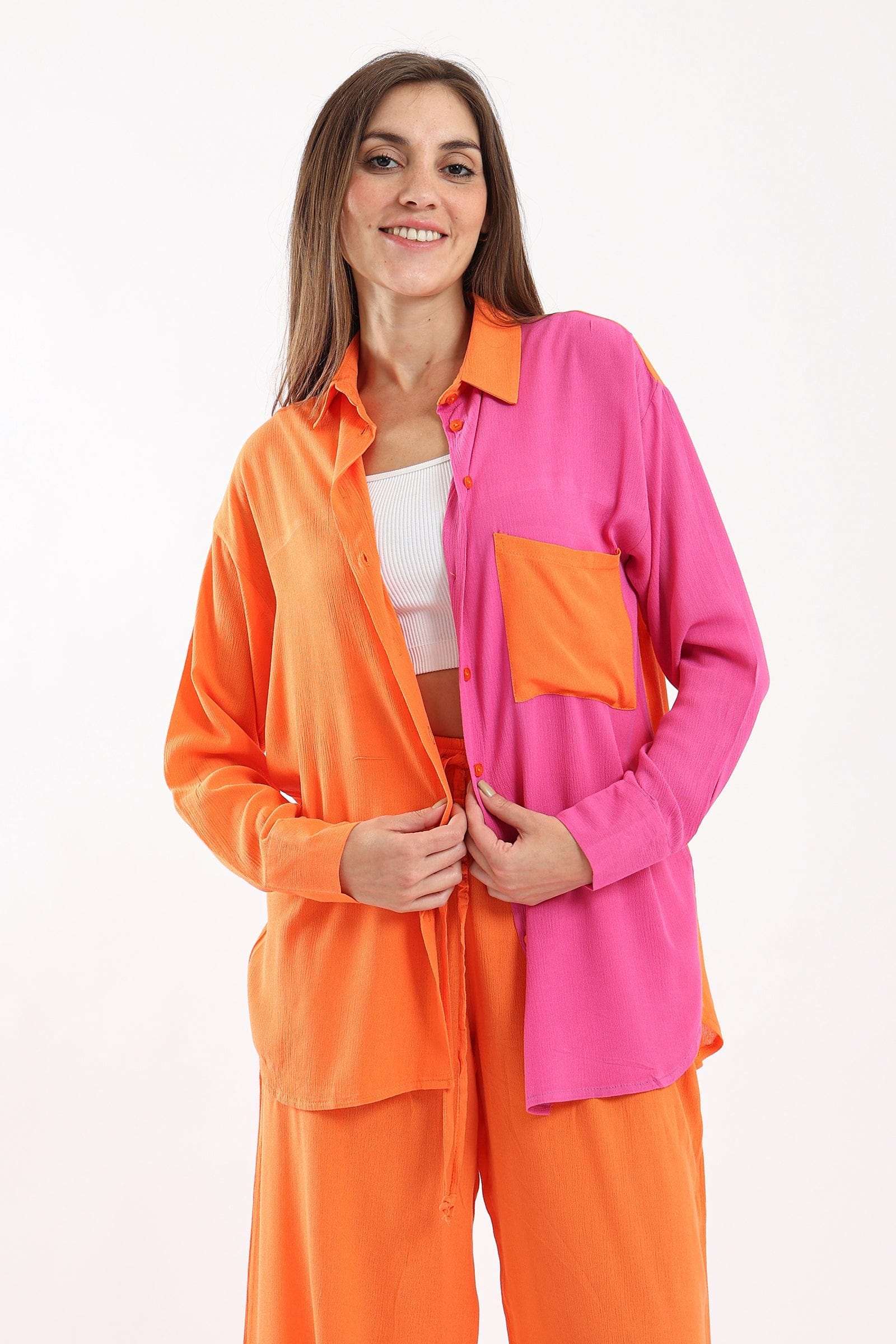 كارينا قميص نسائي ملون نص ونص طويل برتقالي