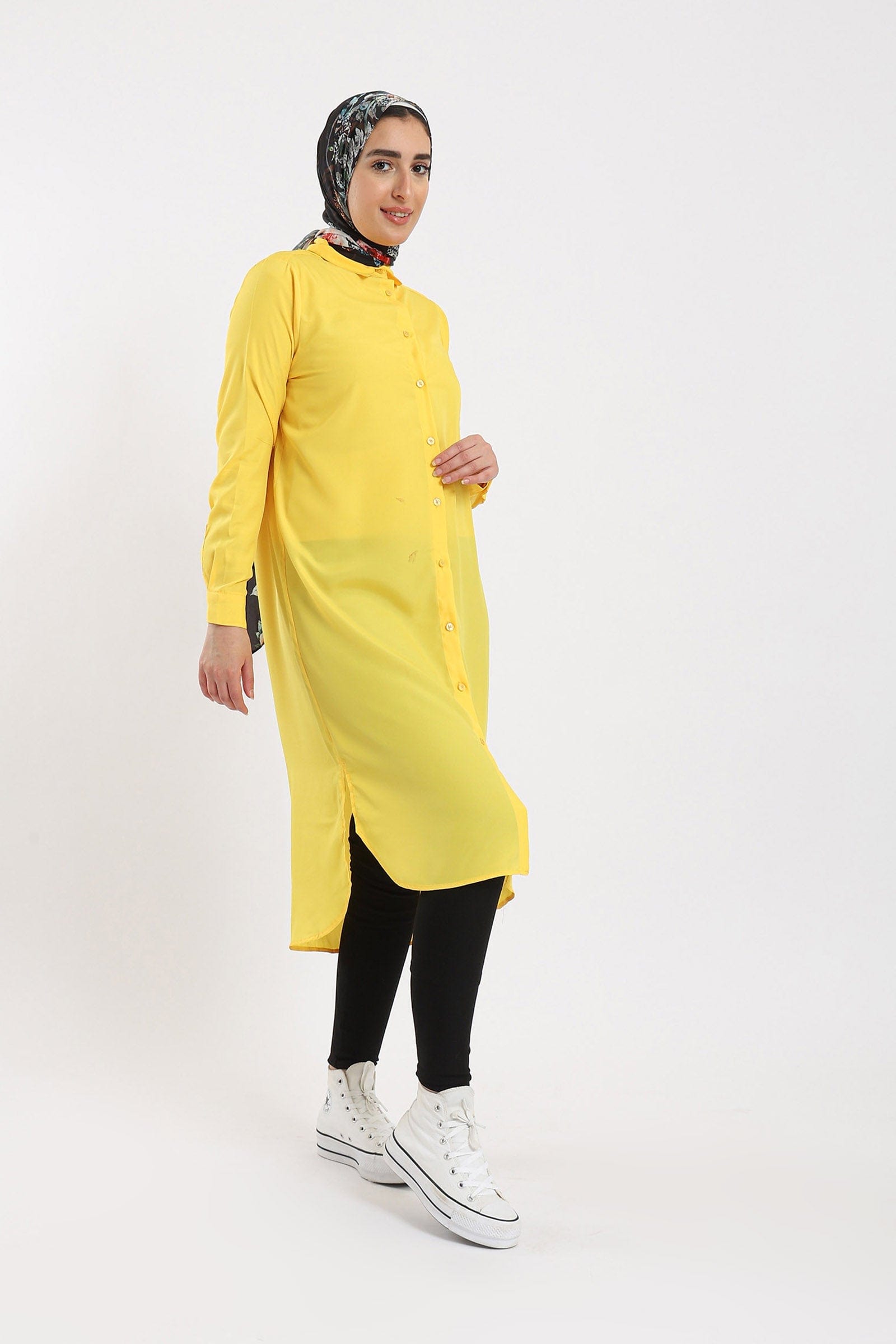 كارينا فستان قميص ميدي بأزرار أمامية بأكمام طويلة