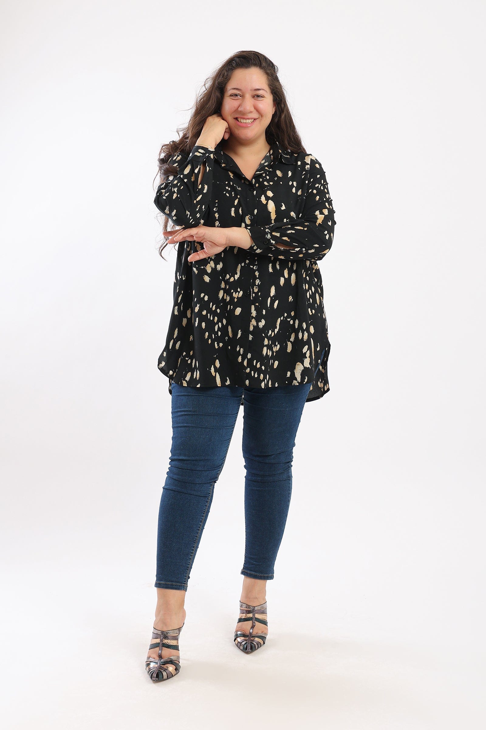 كارينا قميص مطبوع منقوش كم طويل نسائي ملون