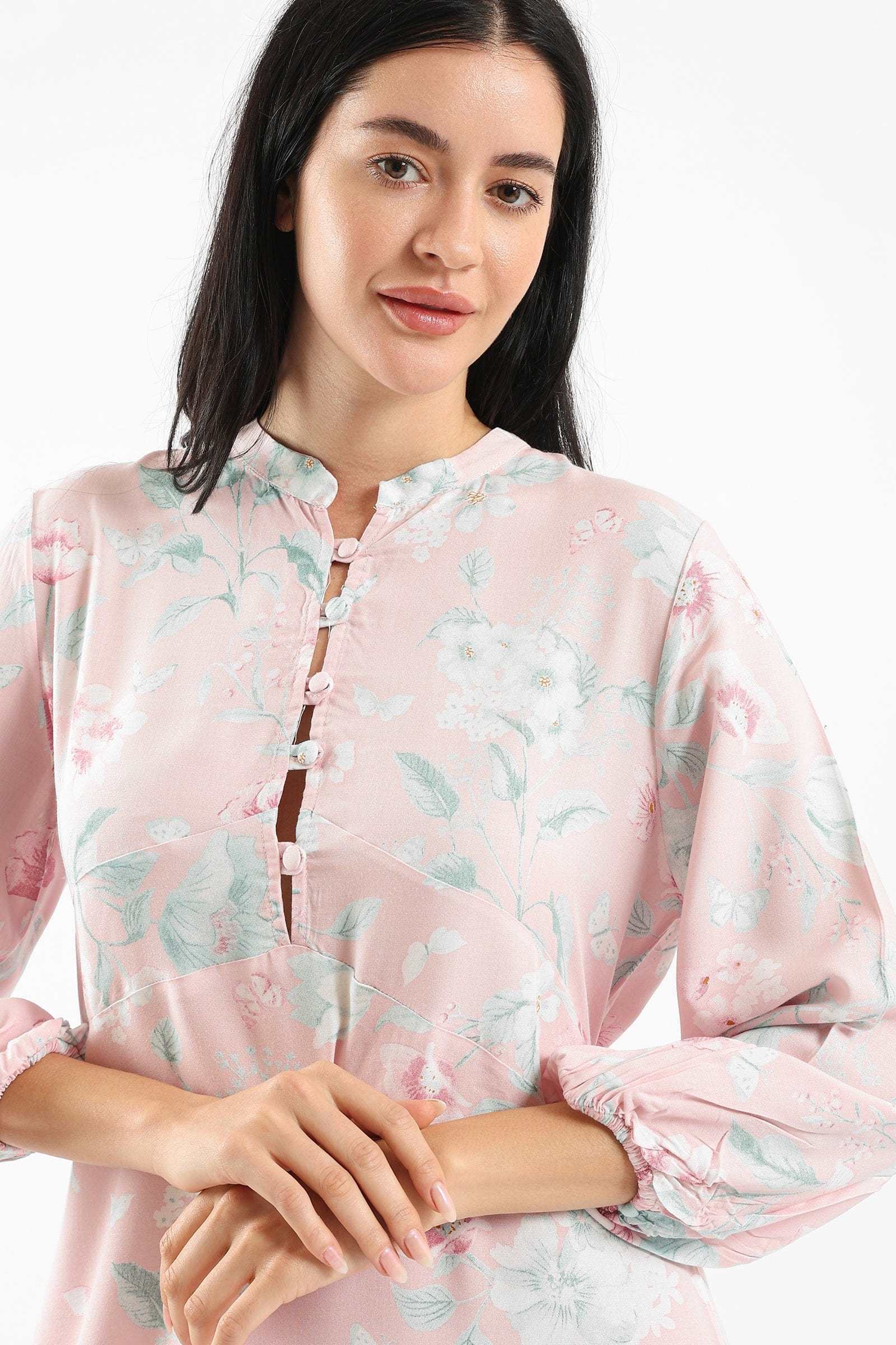 كارينا ثوب نوم نسائي ماكسي زهري بأزرار أمامية وردي