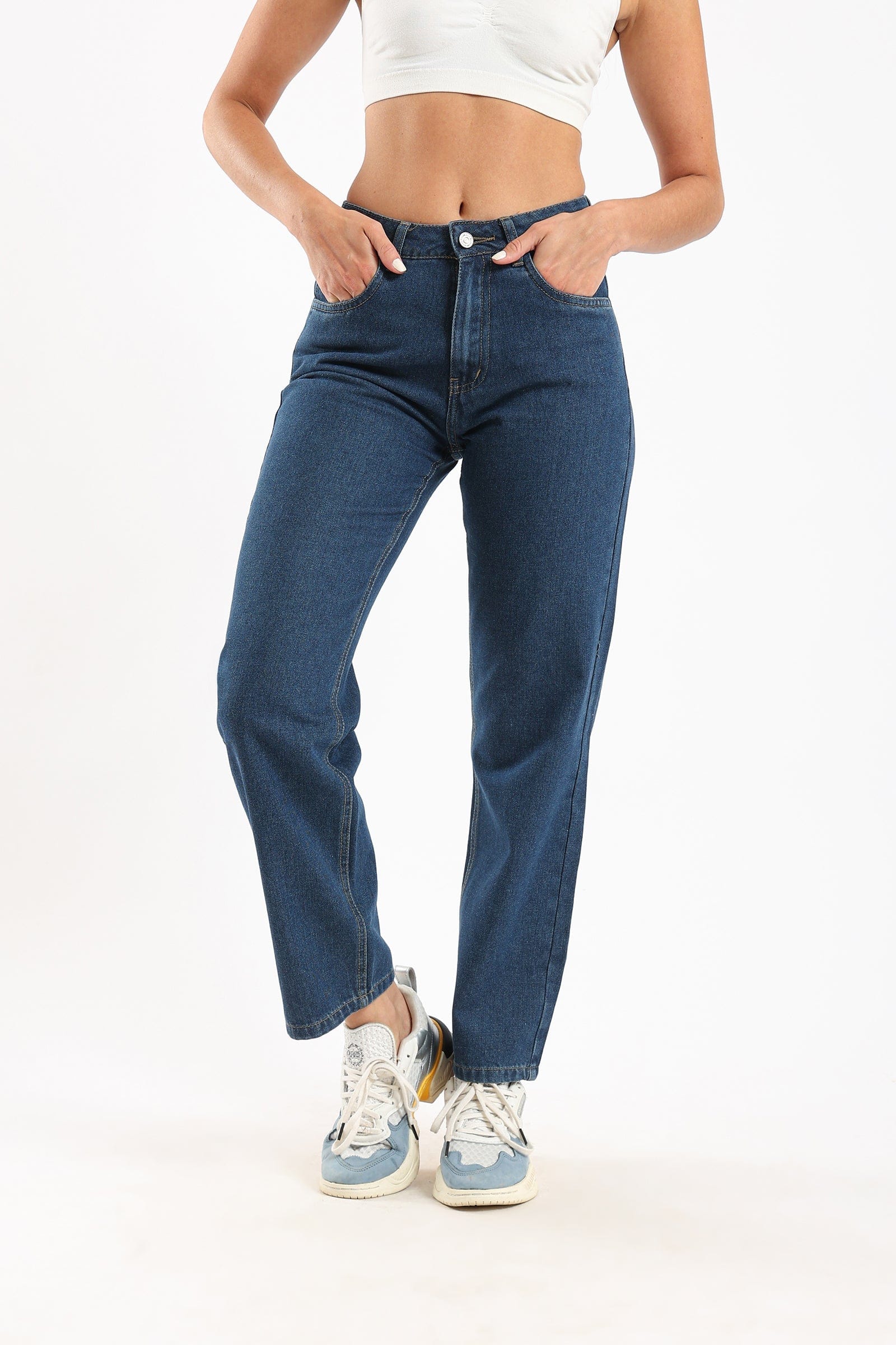 كارينا بنطلون جينز مستقيم واسع سادة نسائي أزرق