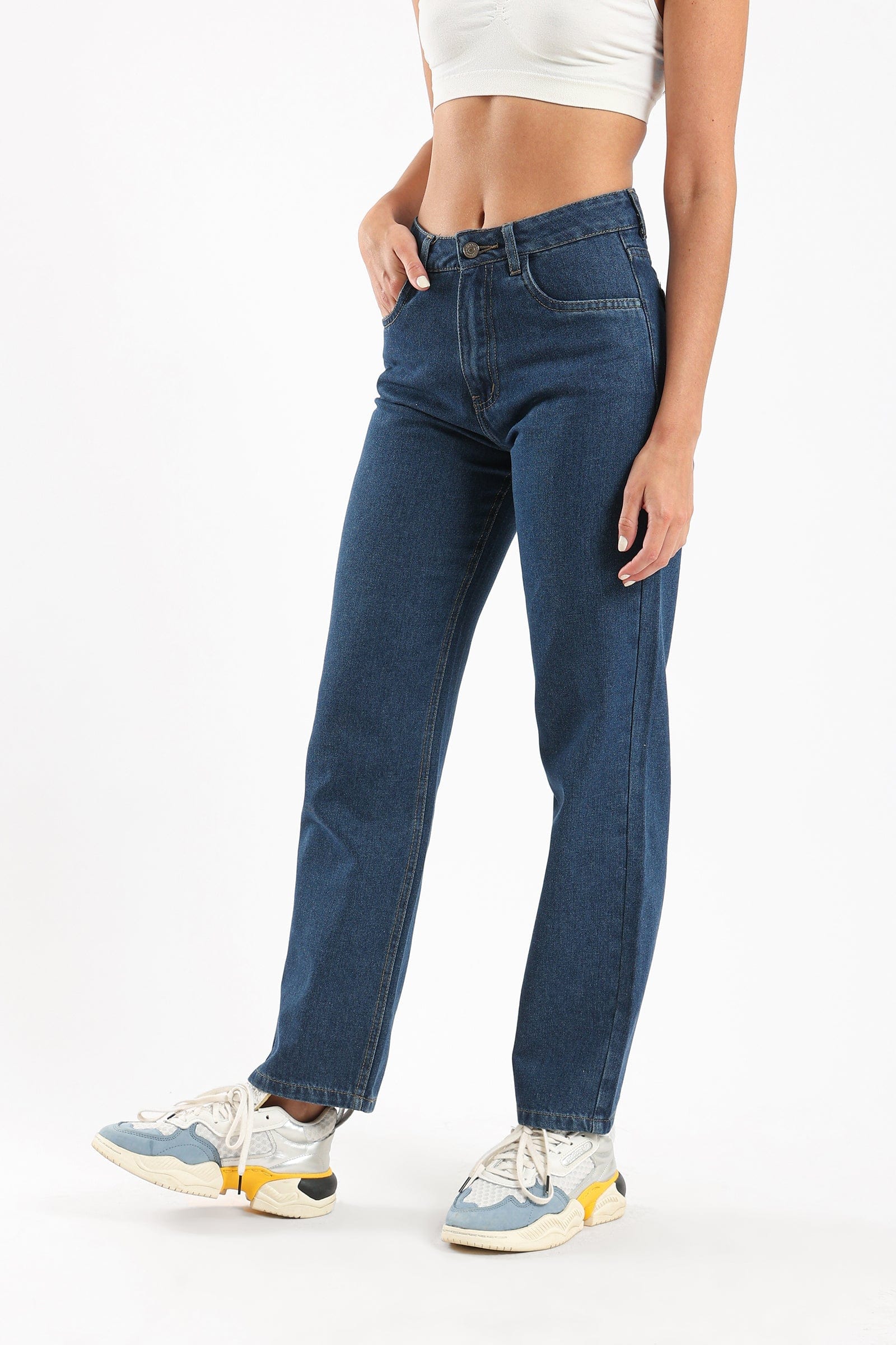 كارينا بنطلون جينز مستقيم واسع سادة نسائي أزرق