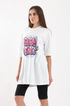 كارينا تيشيرت قطن طويل بطبعة نص كم أبيض