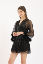 كارينا روب شفاف كم طويل مزين بالريش برباط على الخصر أسود