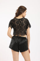 كارينا بيجامة ستان بلوزة وشورت مع دانتيل في الخلف أسود