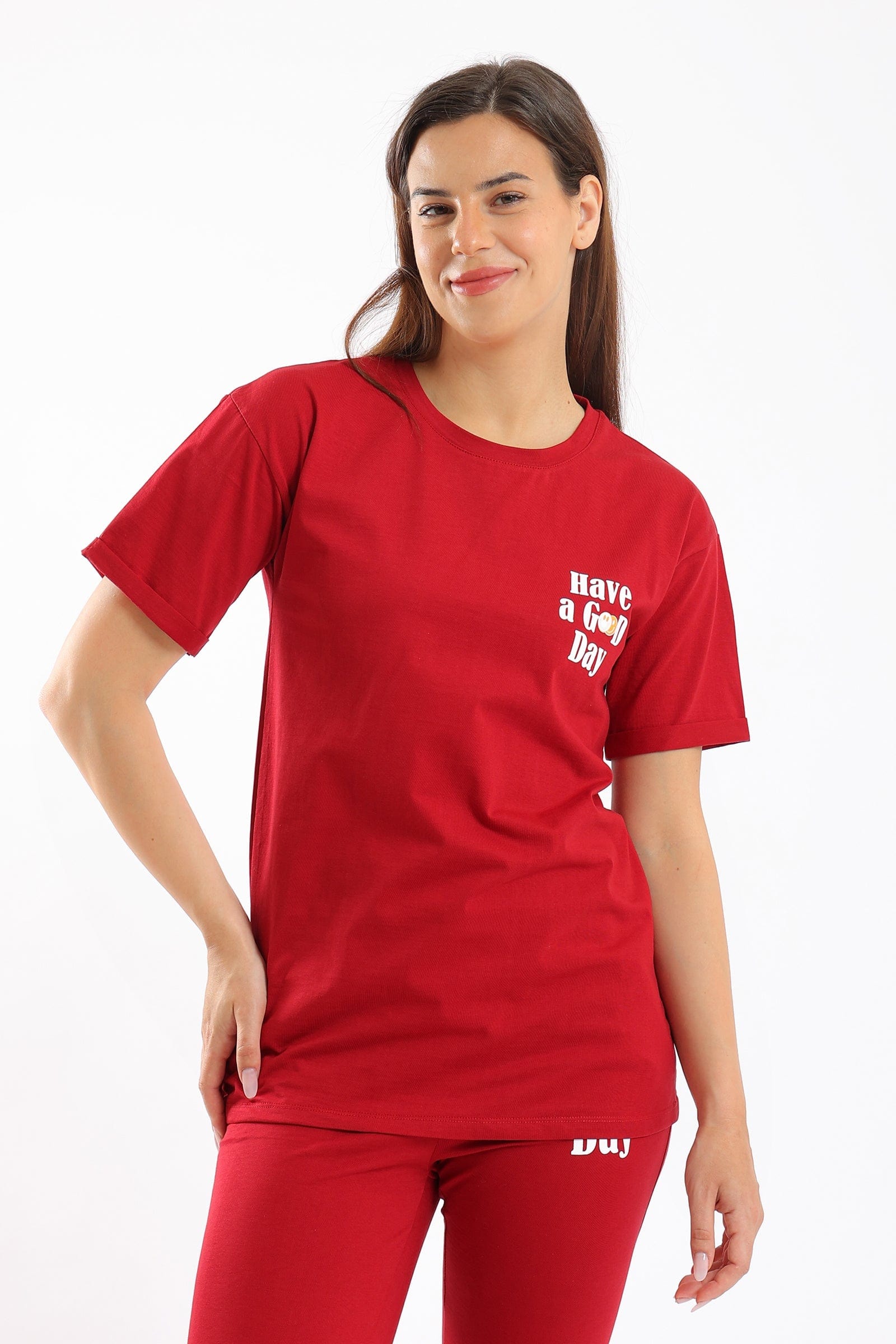 كارينا طقم بيجامة سادة نص كم نسائي بورجوندي فاتح