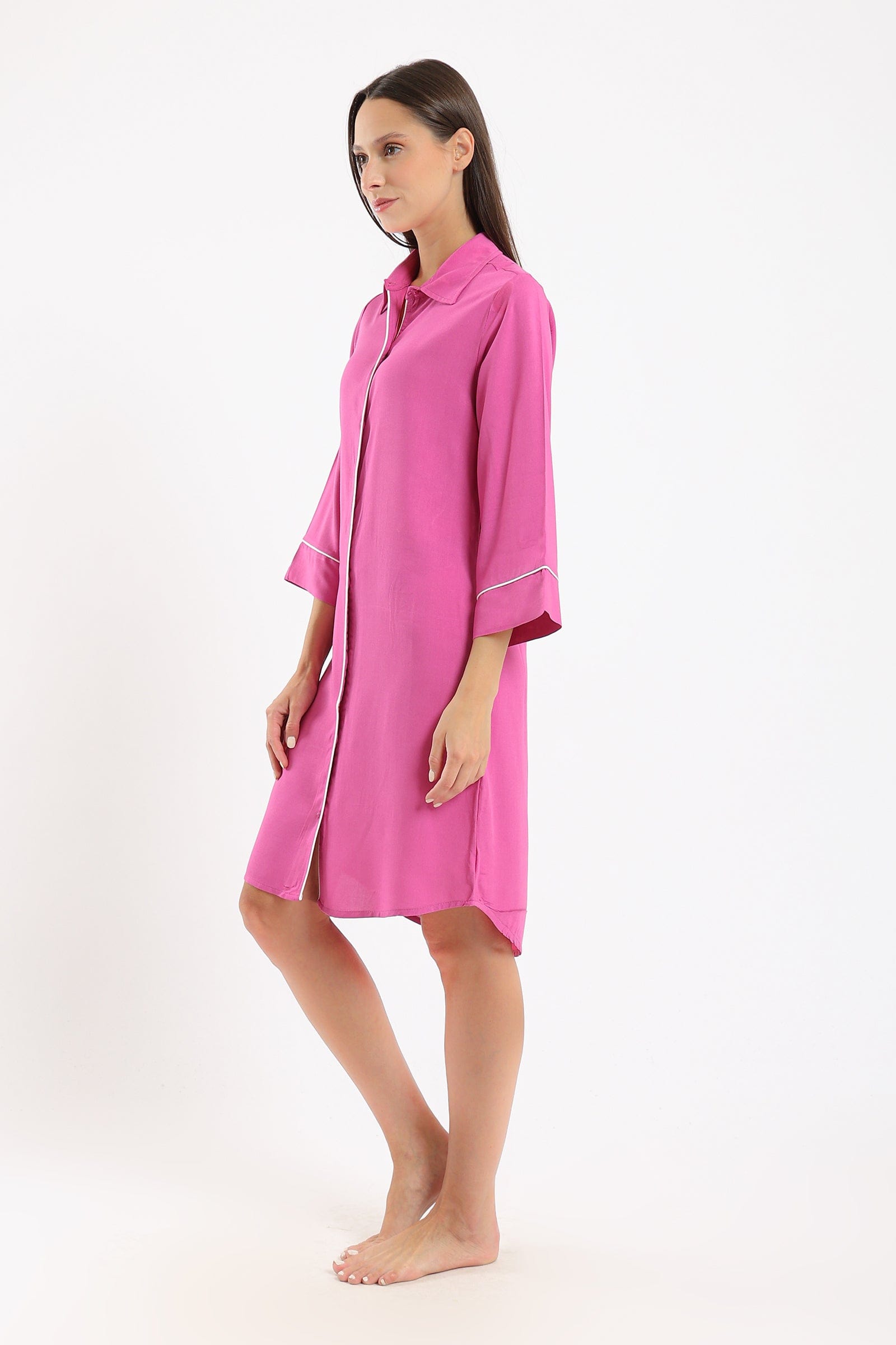كارينا قميص نوم قصير بأكمام طويلة بأزرار من الأمام بنفسجي ماجينتا
