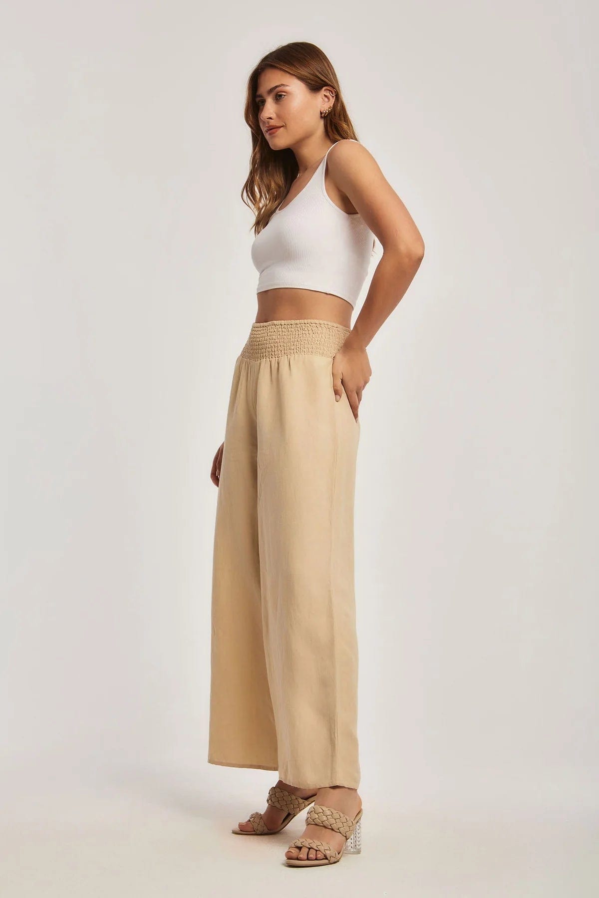 داليدرس بنطلون نسائي سادة واسع بخصر مطاط بيج