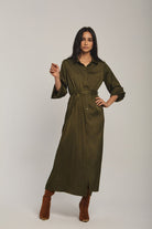 داليدرس فستان نسائي سادة بحزام عالخصر زيتوني