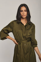 داليدرس فستان نسائي سادة بحزام عالخصر زيتوني