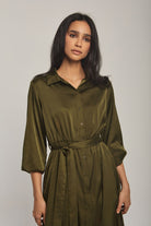 داليدرس فستان نسائي سادة بحزام عالخصر زيتوني