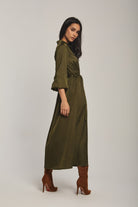 داليدرس فستان نسائي سادة بحزام عالخصر زيتوني