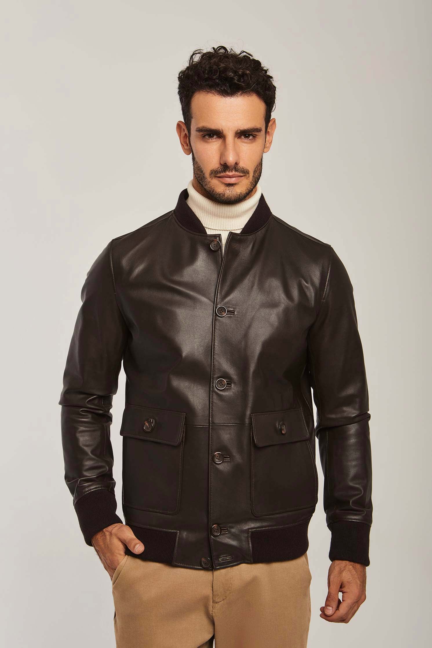 داليدرس جاكيت جلد رجالي ازرار وجيوب فوج