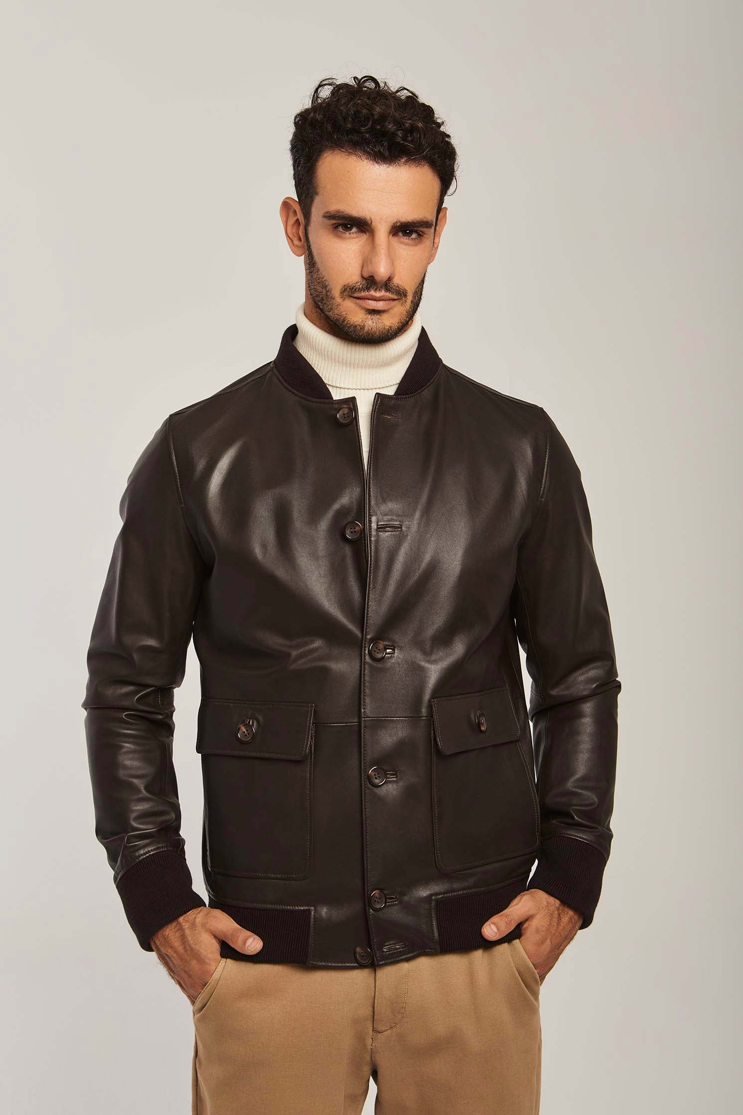 داليدرس جاكيت جلد رجالي ازرار وجيوب فوج