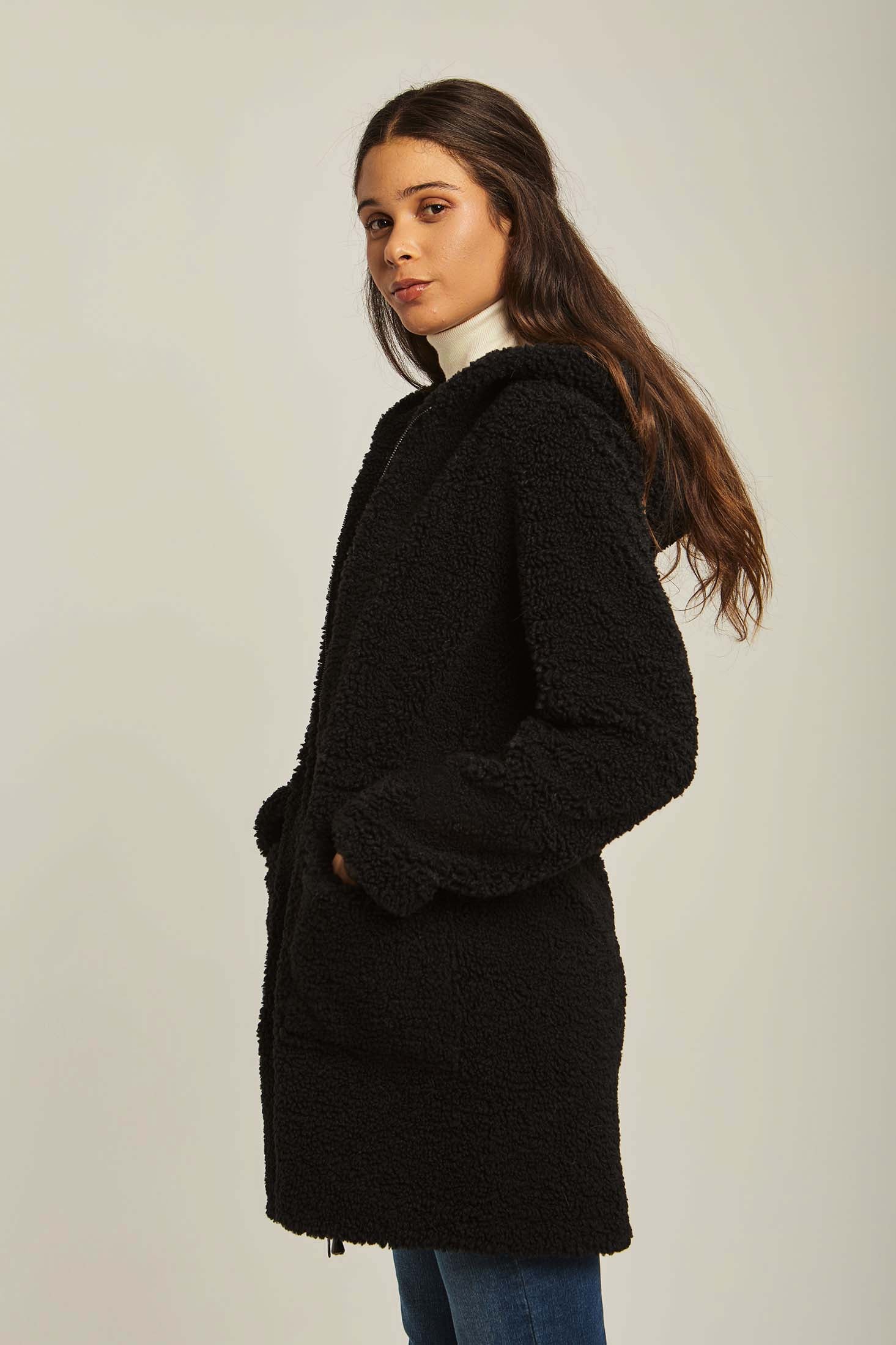 داليدرس جاكيت جلد طويل مزين بالفرو كم طويل نسائي أسود