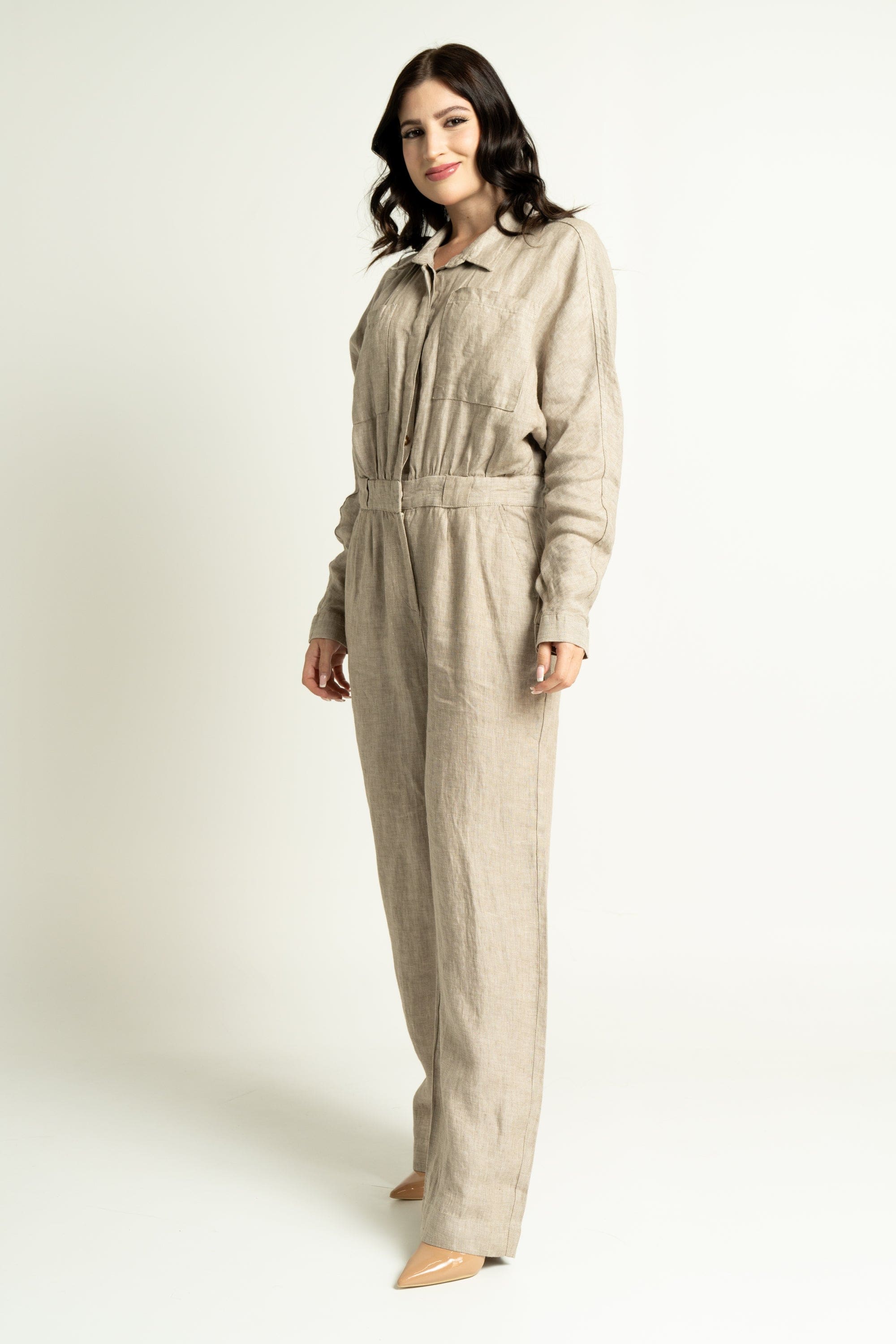 داليدرس جمبسوت نسائي طويل بأكمام طويلة بيج