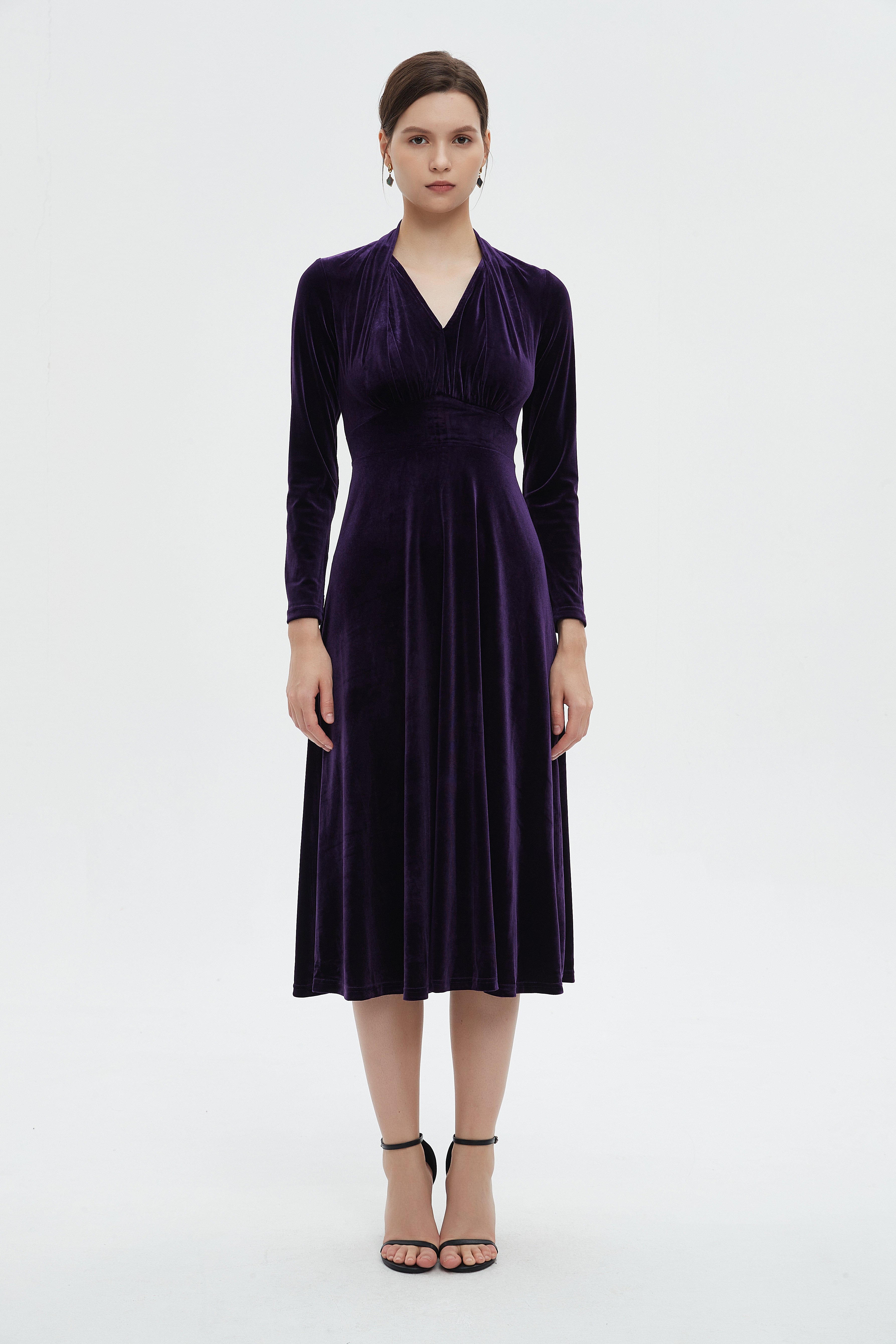 ميكا فستان مخملي نسائي للركبة بأكمام طويلة ونصف كشكش