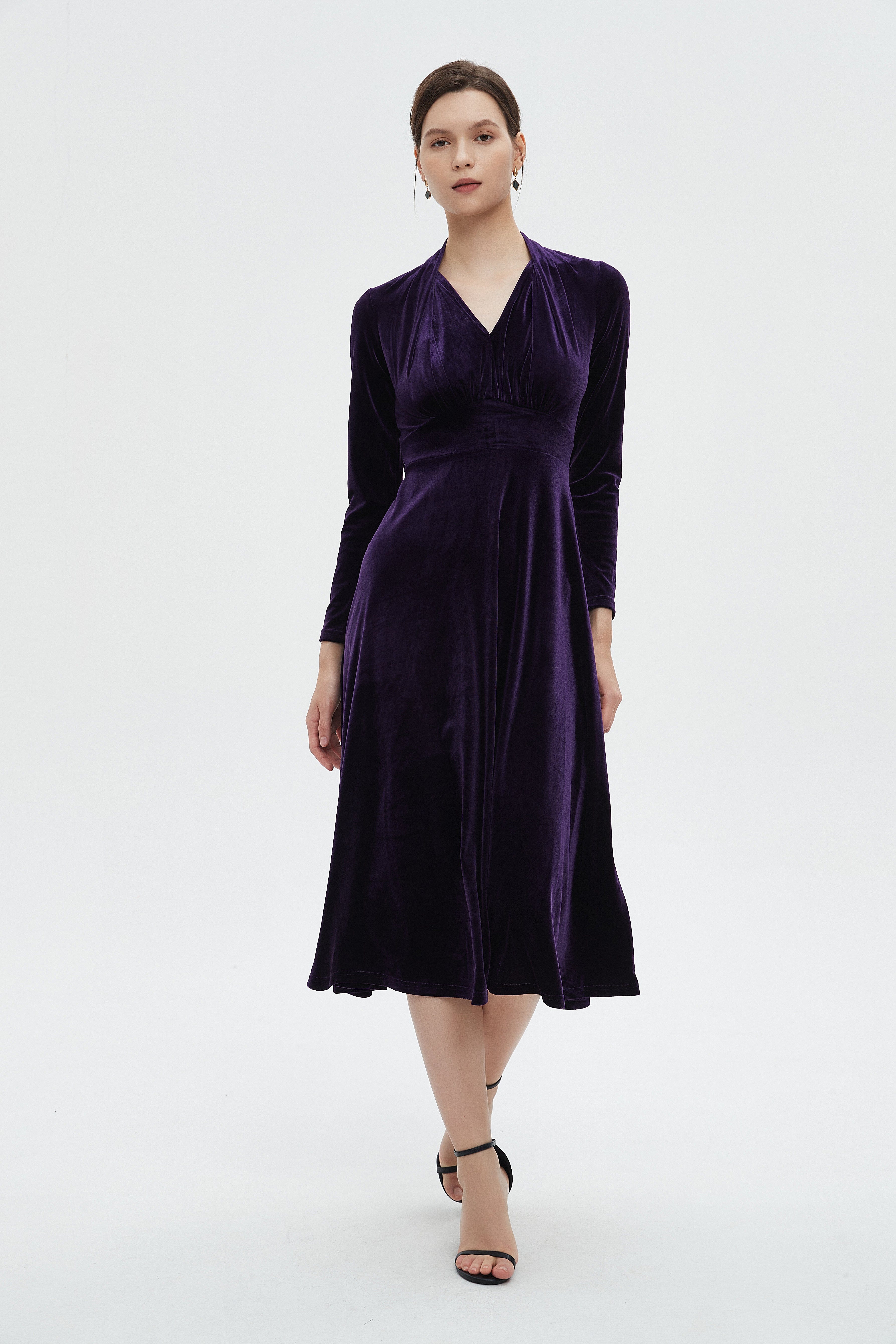 ميكا فستان مخملي نسائي للركبة بأكمام طويلة ونصف كشكش