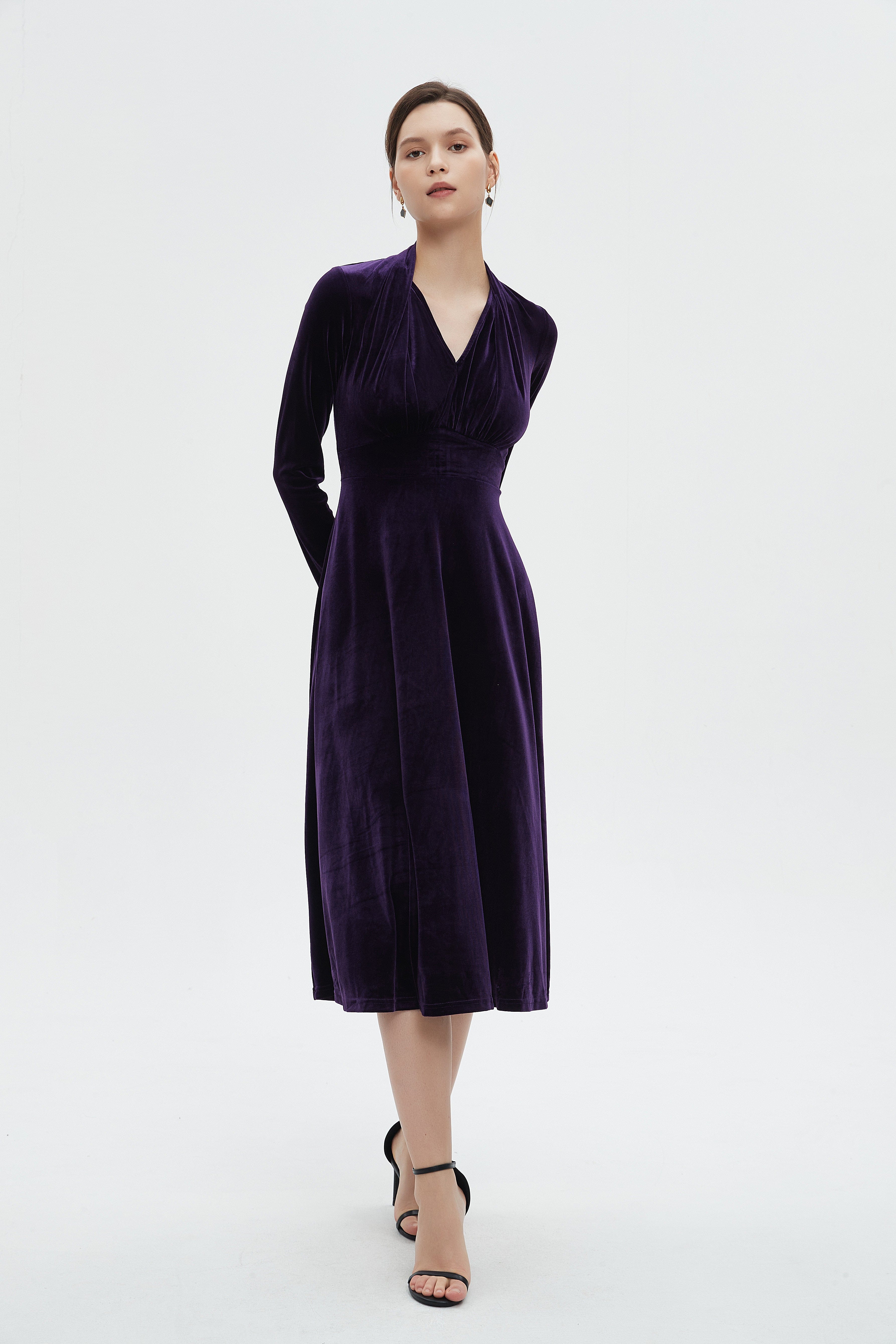 ميكا فستان مخملي نسائي للركبة بأكمام طويلة ونصف كشكش