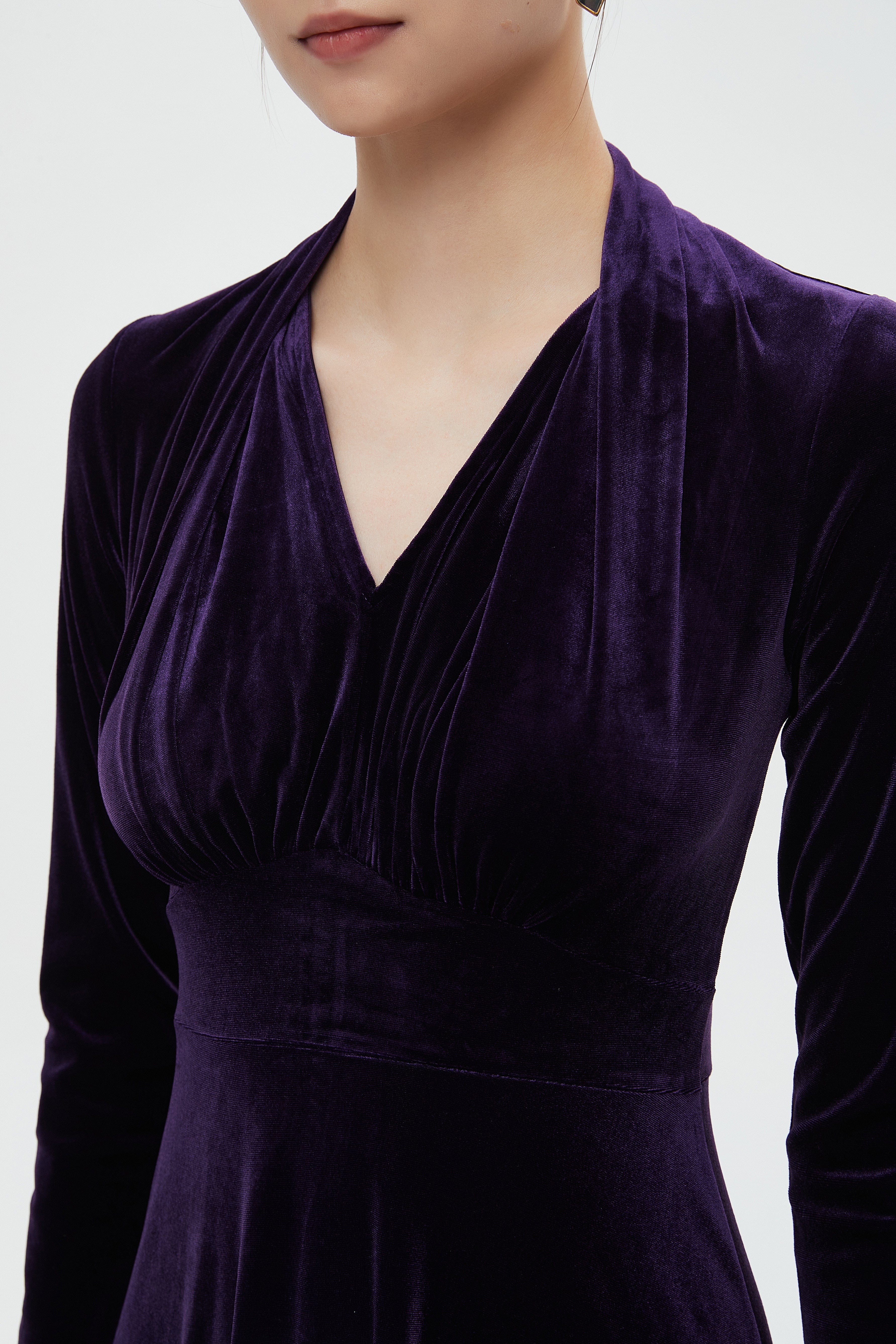 ميكا فستان مخملي نسائي للركبة بأكمام طويلة ونصف كشكش